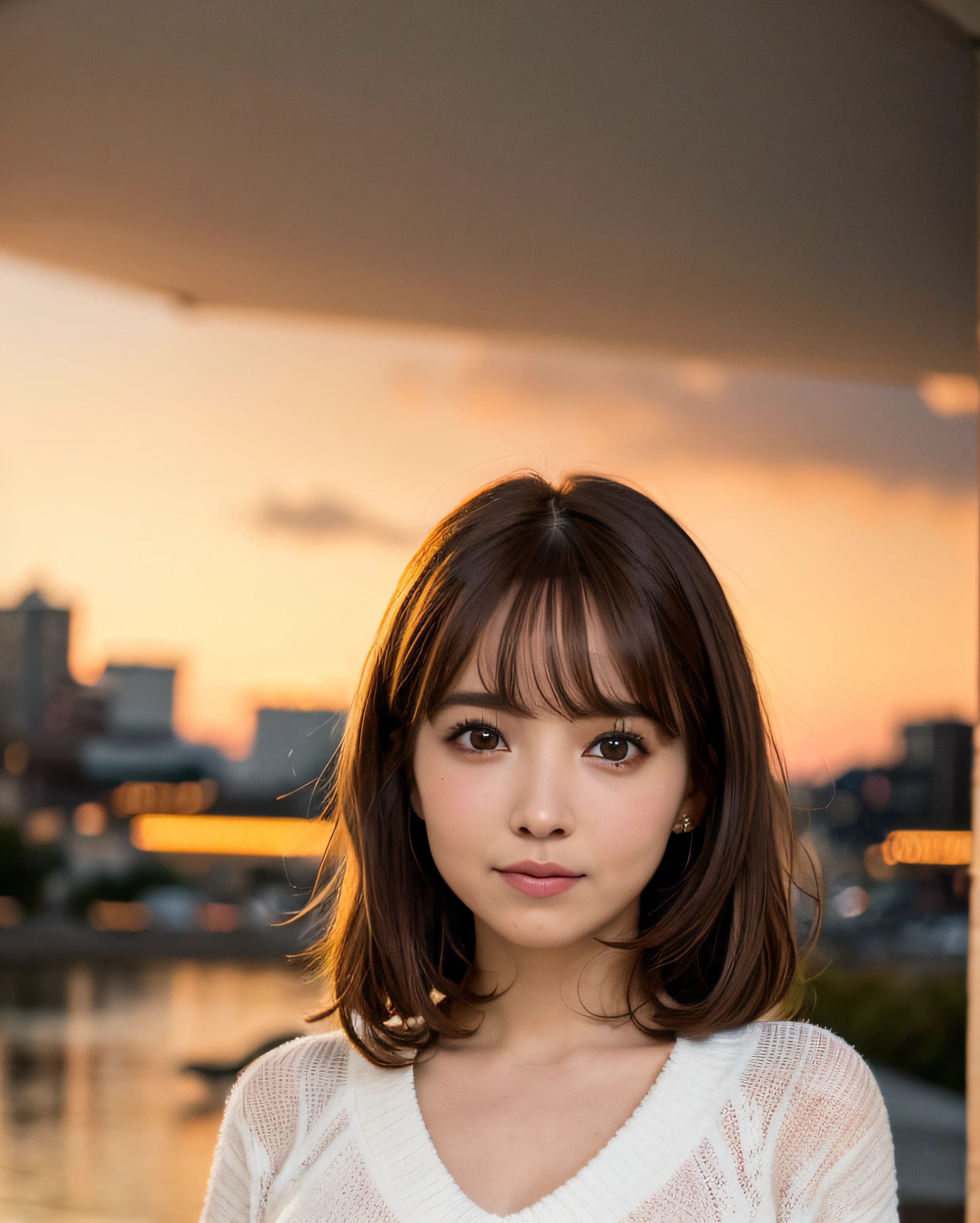 pureerosface_v1, beste Quality, photorealestic, 8K, a highres, 1girls, a women, (Skindentation), (portlate:0.6), gorgeou, dinamic pose, ((Urban background:1.6)), ((Medium Size Round Breast, White V-neck sweater:1.4)), straight-looking at viewer:1.8,smile on face、 (1 Girl's eyes looking at the viewer, medium-length hair, brown colored hair, Putted Bangs:1.65), (vokeh), (Keep your mouth shut:1.46),