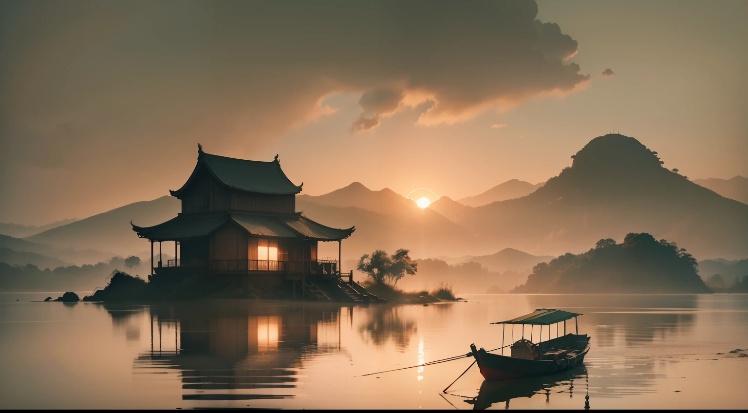 muted chinese ink painting, muted colors, rice paper texture, splash paint, Ninh Binh town, boat, red sun, Old cottage. Lakeside. Morning light. Clouds wet to wet techniques.