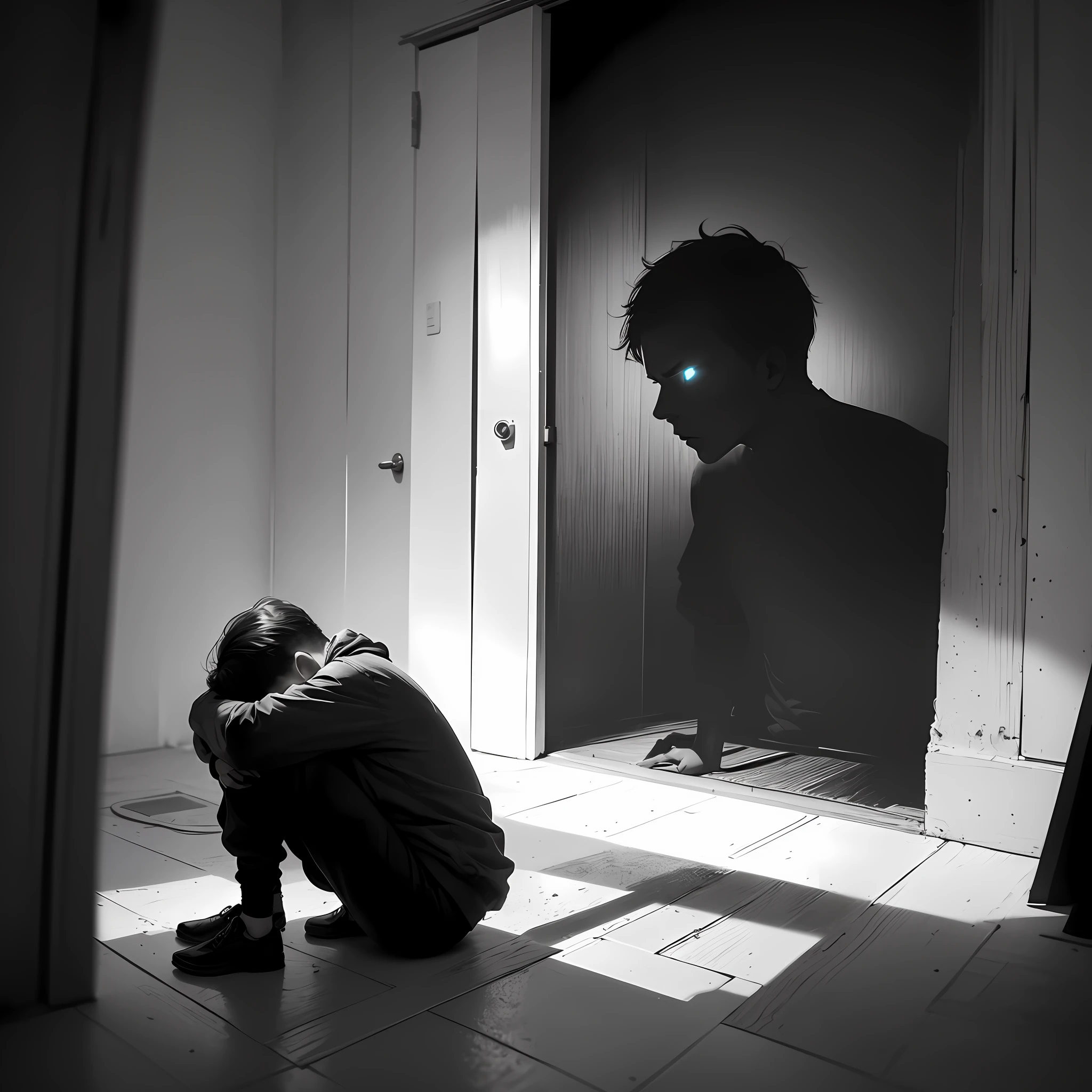 In the dark and oppressive darkness, The scene reveals a man cowering in the fetal position, representing his imprisonment in repetitive and self-destructive acts. His figure is shrouded in deep, dark shadows, obscuring your identity and creating a sense of isolation.
Lighting is minimal, emitindo apenas um feixe de luz fraco e frio, which subtly highlights the silhouette of man in darkness. The pale light casts angular and distorted shadows around you, acentuando a atmosfera sombria da cena.
The man is hunched over, Keeping Himself Shrunk in His Own Limited Existence. Your arms are wrapped around your legs, e seu rosto escondido entre os joelhos, symbolizing his search for comfort and protection in the midst of his self-sabotaging prison.
The surrounding scenery is vague and indistinct, with abstract lines and shapes fading into darkness. No clear reference points, evoking a sense of disorientation and confusion in relation to the surrounding reality.
The color palette is predominantly composed of dark and deep tones, como negro, charcoal and dark gray, creating an oppressive and melancholic atmosphere. The contrasts between the shadows and the few illuminated areas accentuate the sense of despair and entrapment.
This dark, dark art visually depicts the feeling of being trapped in repetitive, self-destructive acts, with the figure shrunken in the fetal position evoking a sense of vulnerability and helplessness. The absence of definite details and the use of shadows intensify the climate of oppression and despair. It is a powerful visual representation of the inner prison caused by self-destructive patterns. --auto
