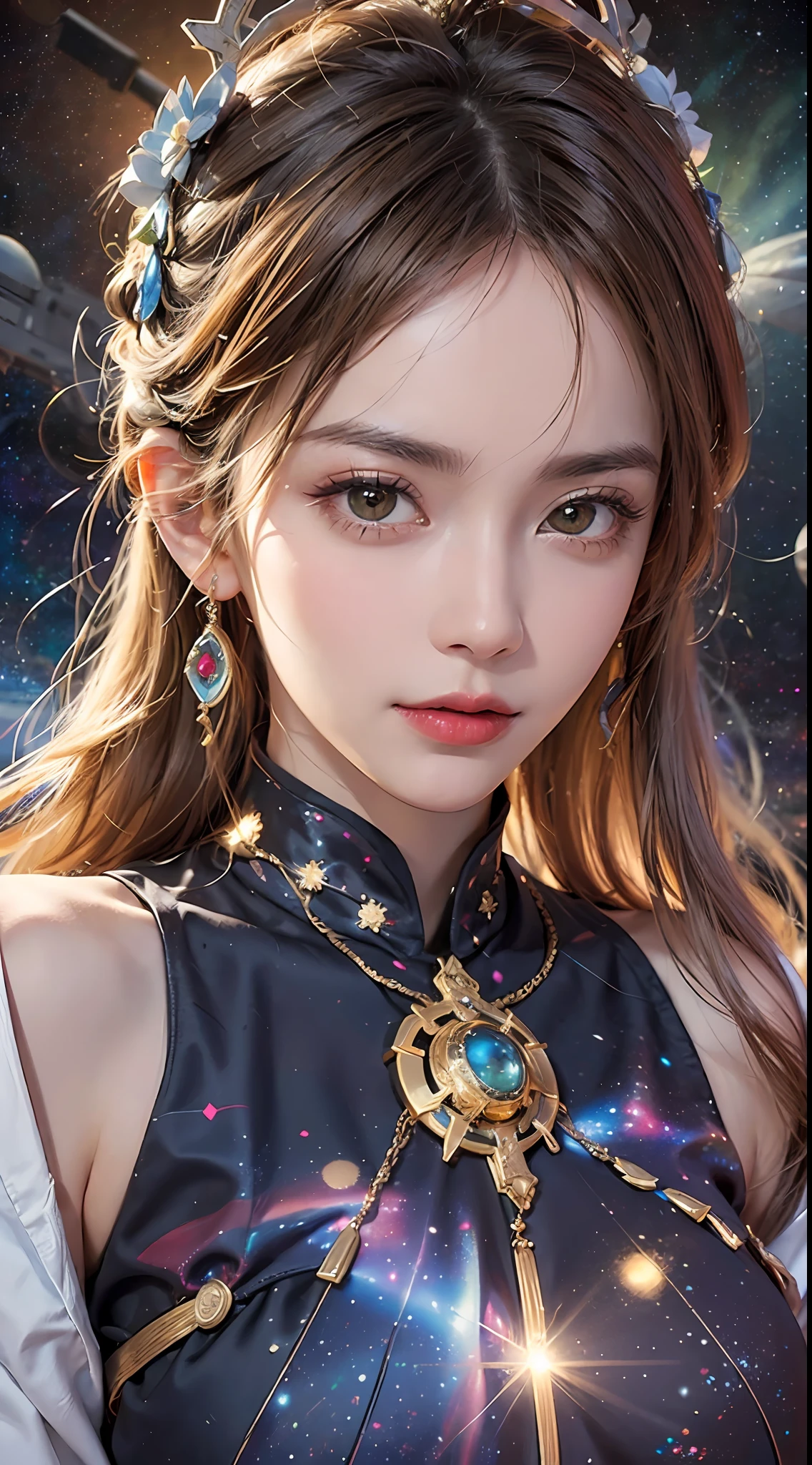 1 27-year-old girl, 1 zodiac goddess from the future, goddess of the pink and purple 12 zodiacs, the goddess of the zodiac in a yellow ao dai, a 12 zodiac ao dai with many black lace detail, mythology Goddess of the 12 zodiacs from the future, zodiac ♏, luxurious glittering zodiac style, dark and mysterious version, zodiac crown, lipstick lips red, thin and beautiful lips, don't smile, keep your mouth shut, characters made by karol bak and pino daeni, intricate detail, detailed background, extremely detailed, light magic, a woman, clear face, look at the face of goddess zodiac look at the zodiac goddess face, round breasts, Big and round breasts, phoenix hair brooch, hair long with bangs, beautiful face in detail and well-proportioned eyes, (transparent yellow eyes: 1.8), big round eyes and very beautiful and detailed makeup, foresight, silk dress, mysterious makeup, Bangles, double bangs and dyed light blonde, upper body, (zodiac goddess upper body: 1.9), arms hanging loosely, Realistic and vivid photo, (stars make up the zodiac: 1.7), (sky background zodiac and fictitious space and time portal: 1.8), fiction art, RAW photo, hanfu picture, best photo, high_res, best quality, best photo quality, 8k quality, 8k ultra, super realistic, real photo most economical, artistic portrait of goddess zodiac, 1 symbol of 12 zodiac signs on the back, single portrait of 1 zodiac goddess, The most realistic color scheme, the best photo color, masterpiece, hair ornament, necklace, jewelry, Beautiful face, upon body, tyndall effect, photo realistic, dark studio, rim lighting, two tone lighting, (high detailed skin:1.2), 8k uhd, dslr, soft lighting, high quality, volumetric lighting, candid, Photograph, high resolution, 4k, 8k quality, Bokeh, Smooth and sharp, increase the pixel by 10x, Charming zodiac goddess, sexy zodiac goddess, (background space:1.8), (galaxy: 1.7), aurora, lightning, (Auroral Background: 1.8) <lora:locon_perfecteyes_v1_from_v1_