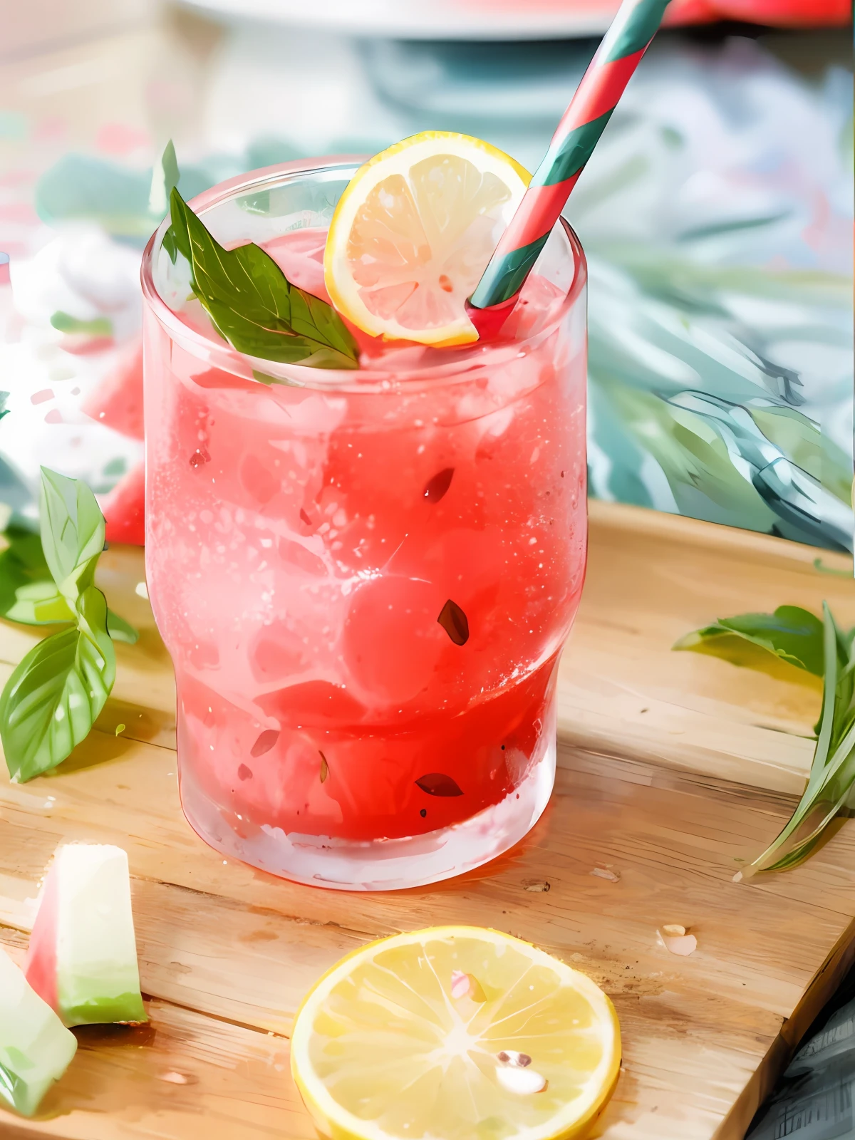 A glass of watermelon juice, pink, frozen effect, on a wooden tray, next to two lemons and mint leaves, green and red straws, super realistic food image, full theme shown in photo,, Randy Post , hyper realistic &quot;, hyper realistic&quot;, high res photo