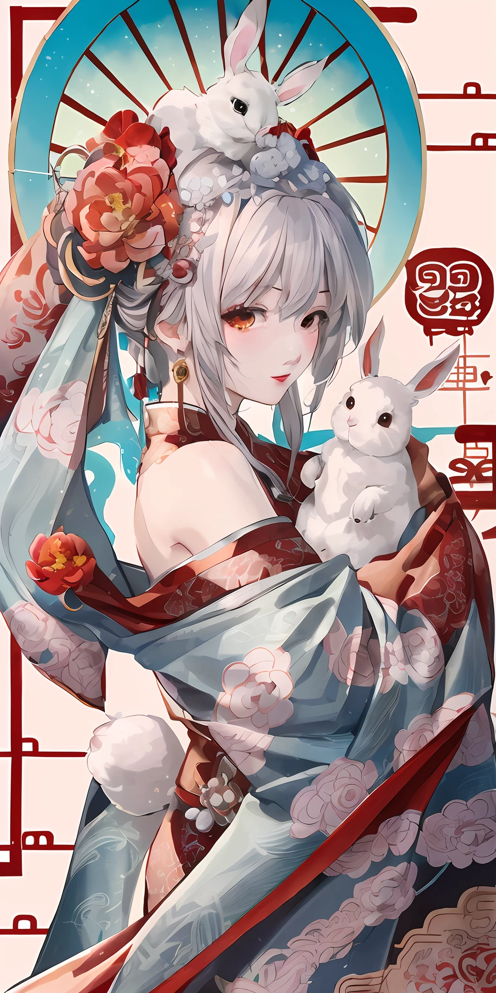 anime girl with rabbit and umbrella holding a red rose, palace ， a girl in hanfu, guweiz, onmyoji, by Shitao, white haired deity, onmyoji portrait, trending on cgstation, kawacy, 中 元 节, onmyoji detailed art, guweiz on pixiv artstation, anime cover