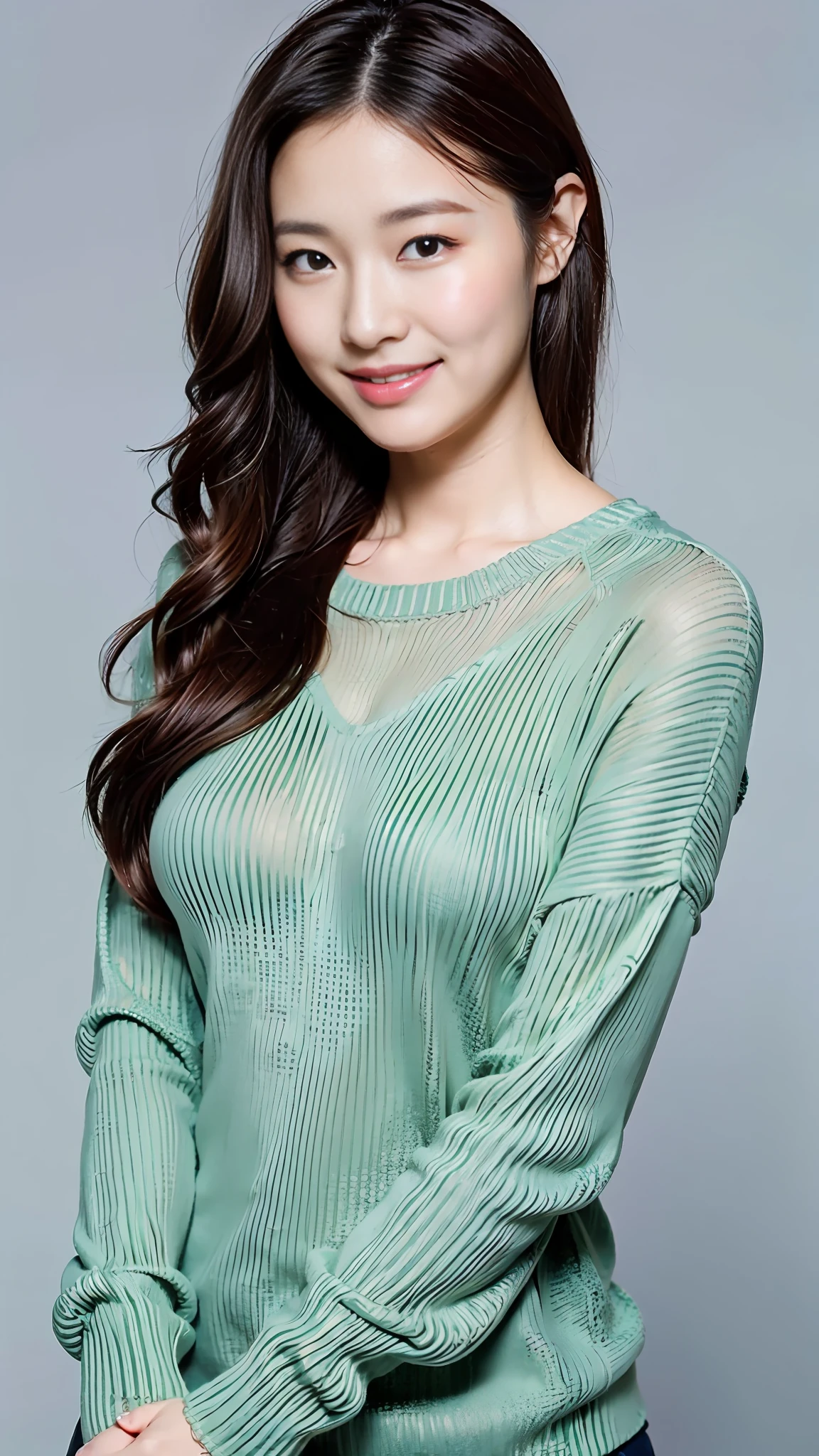 (Best Quality, 8k, Masterpiece: 1.2), Japan Beauties, Big Breasts, Brown Hair, Upper Body Portrait, Face Focus, Sweater, Simple Background, Watching Viewer, Adult Face, Light Smile