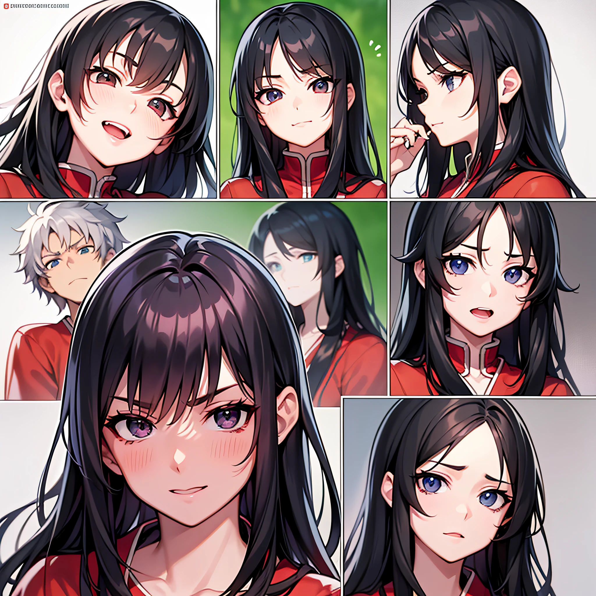 There is a Japanese-style webtoon page with multiple shots of the same character in the same clothes with different facial expressions: The webtoon page depicts one character, a young Asura guy with long black hair in a red tunic in different frames, the same character in each frame, a young Asura guy with long black hair in a red tunic but with different facial emotions. A young Asura guy with long black hair and a red tunic in every frame. Frame 1: Character laughs. Frame 2: the character is indifferent. Frame 3: The character is evil. Frame 4: The character smiles sweetly. Frame 5: the character is crying. Frame 6: the character is surprised. Frame 7: The character winks slyly. Frame 8: The character is bored and looks at the sky. Frame 9: the character screams angrily. The frames are neat and organized, with each frame having a white background. The character is drawn in traditional Japanese manga style, with clean anime-style lines. The skin is pale. Related characters, old comic book grid, white background