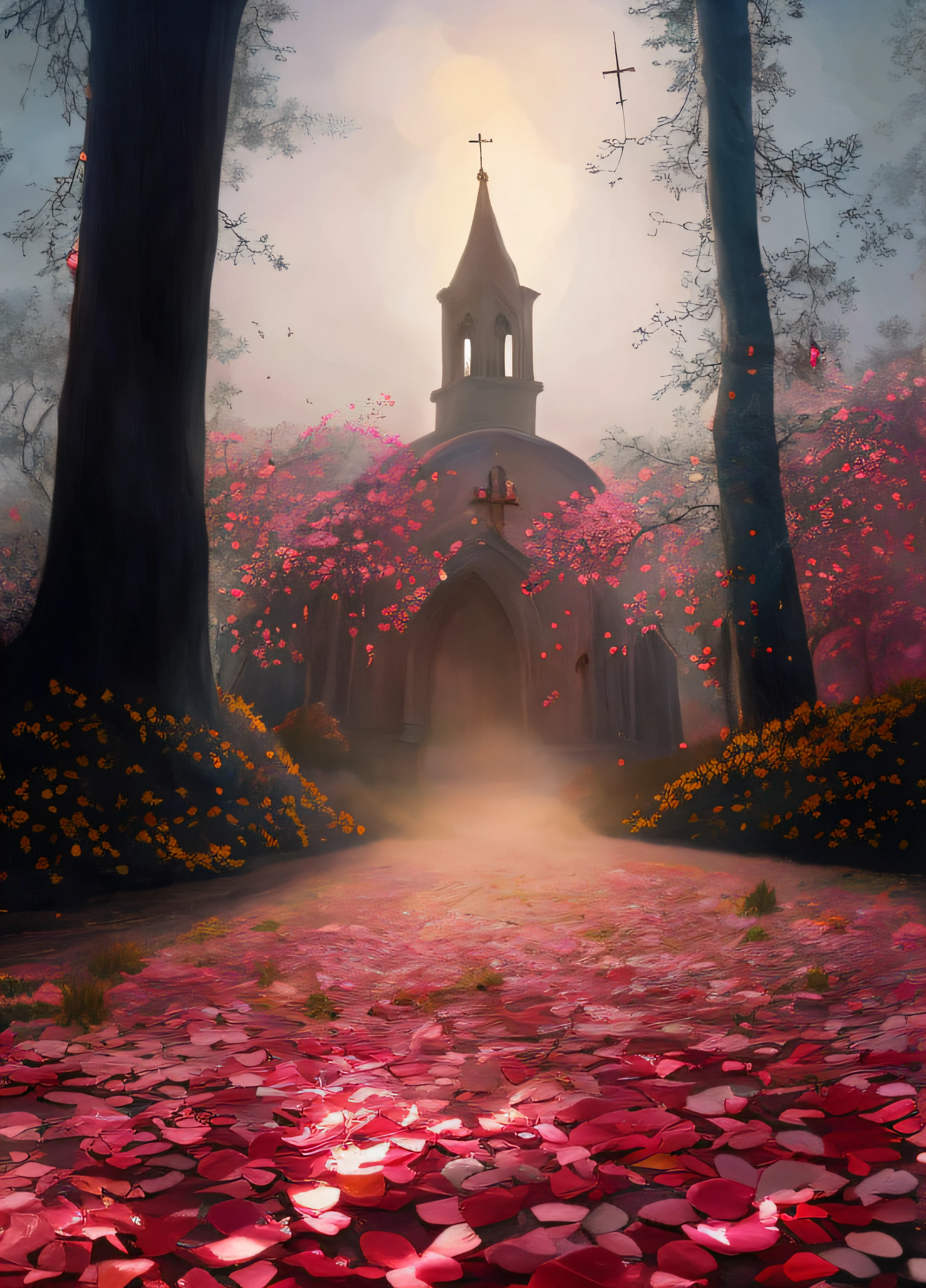 Hay una iglesia con una torre del reloj en medio de un campo de flores, lost in a dreamy fairy landscape, Hermoso render de un cuento de hadas, magical colors and atmosphere, ethereal fairytale, Iglesia en el bosque, very magical and dreamy, Camino floreciente al cielo, Lugar de cuento de hadas, Bosque de cuento de hadas, Pintura mate de enfoque suave, inspirado por Andreas Rocha