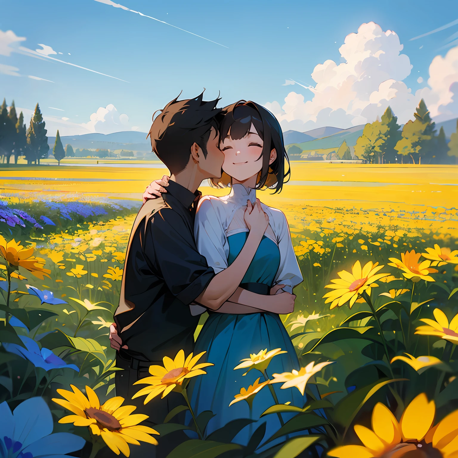 couple, 1girl, 1boy, hugging each other, smile, behind the flower, flower field, blue sky, landscape --auto