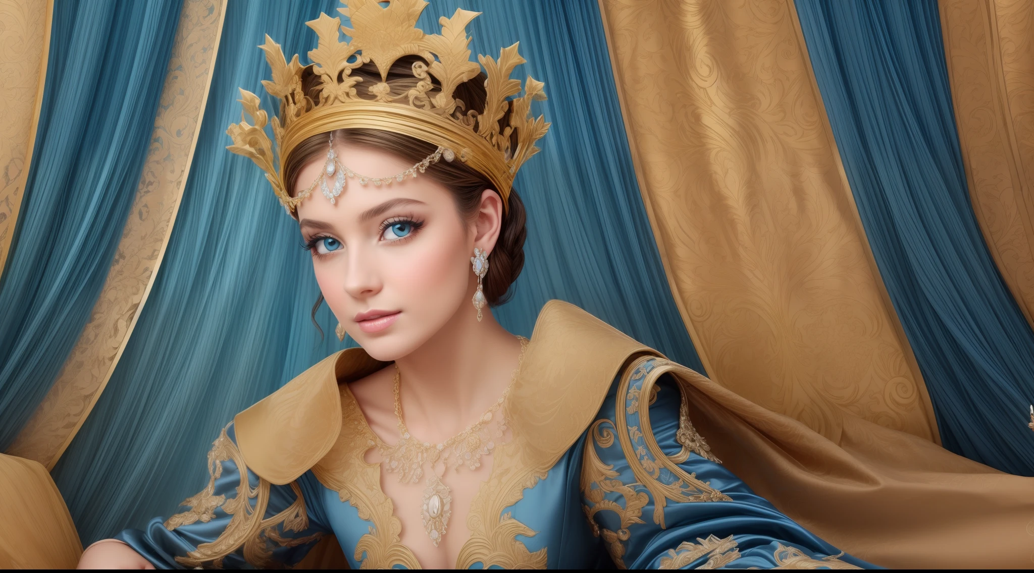 Imagine uma princesa francesa com cabelos loiros cacheados, sparkling blue eyes and an elegant Rococo-style dress in shades of blue and gold. The crown on your head should be ornate, incrustado com pedras preciosas.(adicionar_detalhe:1)