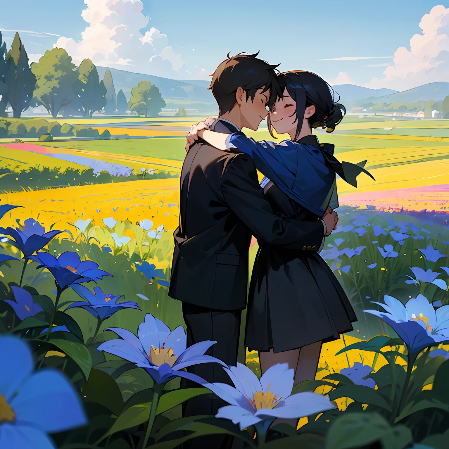 couple, 1girl, 1boy, hugging each other, smile, behind the flower, flower field, blue sky, landscape --auto