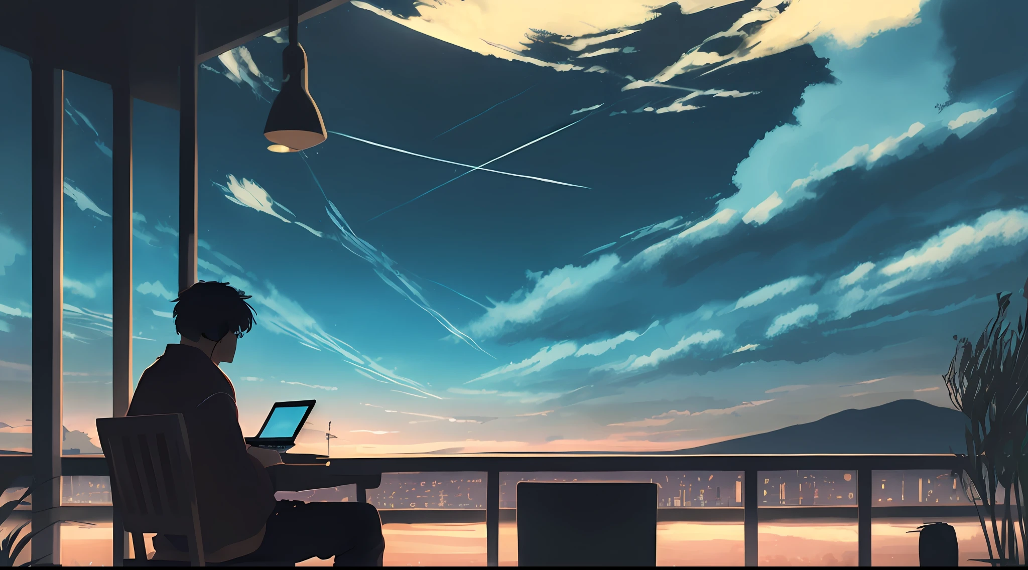 there is a man sitting in a chair with a laptop and headphones, noite calma. digital illustation, lo-fi illustration style, Elogio Artstyle, Retrato de Lofi em uma janela, Retrato de Lofi, Digital anime illustration, procreate illustration, 2d illustration, 2d illustration, homem lofi, Arte Lofi, Elogio Artstyle , Anime aesthetics, homem lofi, artistic. anime vibes, Arte Lofi, Anime Art Wallpaper 4K, Anime Art Wallpaper 4K