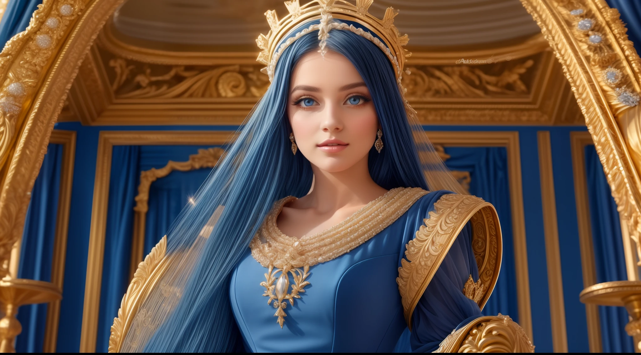 Imagine uma princesa francesa com cabelos loiros cacheados, sparkling blue eyes and an elegant Rococo-style dress in shades of blue and gold. The crown on your head should be ornate, incrustado com pedras preciosas.(adicionar_detalhe:1)