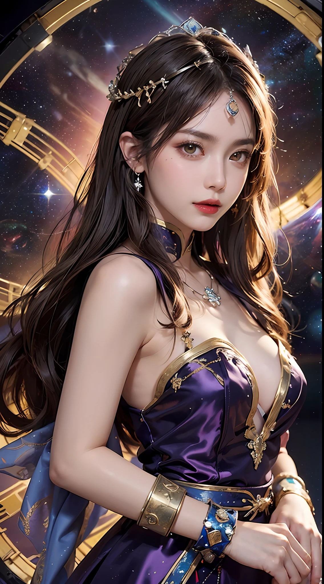 1 27-year-old girl, 1 zodiac goddess from the future, goddess of the pink and purple 12 zodiacs, the goddess of the zodiac in a yellow ao dai, a 12 zodiac ao dai with many black lace detail, mythology Goddess of the 12 zodiacs from the future, zodiac ♏, luxurious glittering zodiac style, dark and mysterious version, zodiac crown, lipstick lips red, thin and beautiful lips, don't smile, keep your mouth shut, characters made by karol bak and pino daeni, intricate detail, detailed background, extremely detailed, light magic, a woman, clear face, look at the face of goddess zodiac look at the zodiac goddess face, round breasts, Big and round breasts, phoenix hair brooch, hair long with bangs, beautiful face in detail and well-proportioned eyes, (transparent yellow eyes: 1.8), big round eyes and very beautiful and detailed makeup, foresight, silk dress, mysterious makeup, Bangles, double bangs and dyed light blonde, upper body, (zodiac goddess upper body: 1.9), arms hanging loosely, Realistic and vivid photo, (stars make up the zodiac: 1.7), (sky background zodiac and fictitious space and time portal: 1.8), fiction art, RAW photo, hanfu picture, best photo, high_res, best quality, best photo quality, 8k quality, 8k ultra, super realistic, real photo most economical, artistic portrait of goddess zodiac, 1 symbol of 12 zodiac signs on the back, single portrait of 1 zodiac goddess, The most realistic color scheme, the best photo color, masterpiece, hair ornament, necklace, jewelry, Beautiful face, upon body, tyndall effect, photo realistic, dark studio, rim lighting, two tone lighting, (high detailed skin:1.2), 8k uhd, dslr, soft lighting, high quality, volumetric lighting, candid, Photograph, high resolution, 4k, 8k quality, Bokeh, Smooth and sharp, increase the pixel by 10x, Charming zodiac goddess, sexy zodiac goddess, (background space:1.8), (galaxy: 1.7), aurora, lightning, (Auroral Background: 1.8) <lora:locon_perfecteyes_v1_from_v1_
