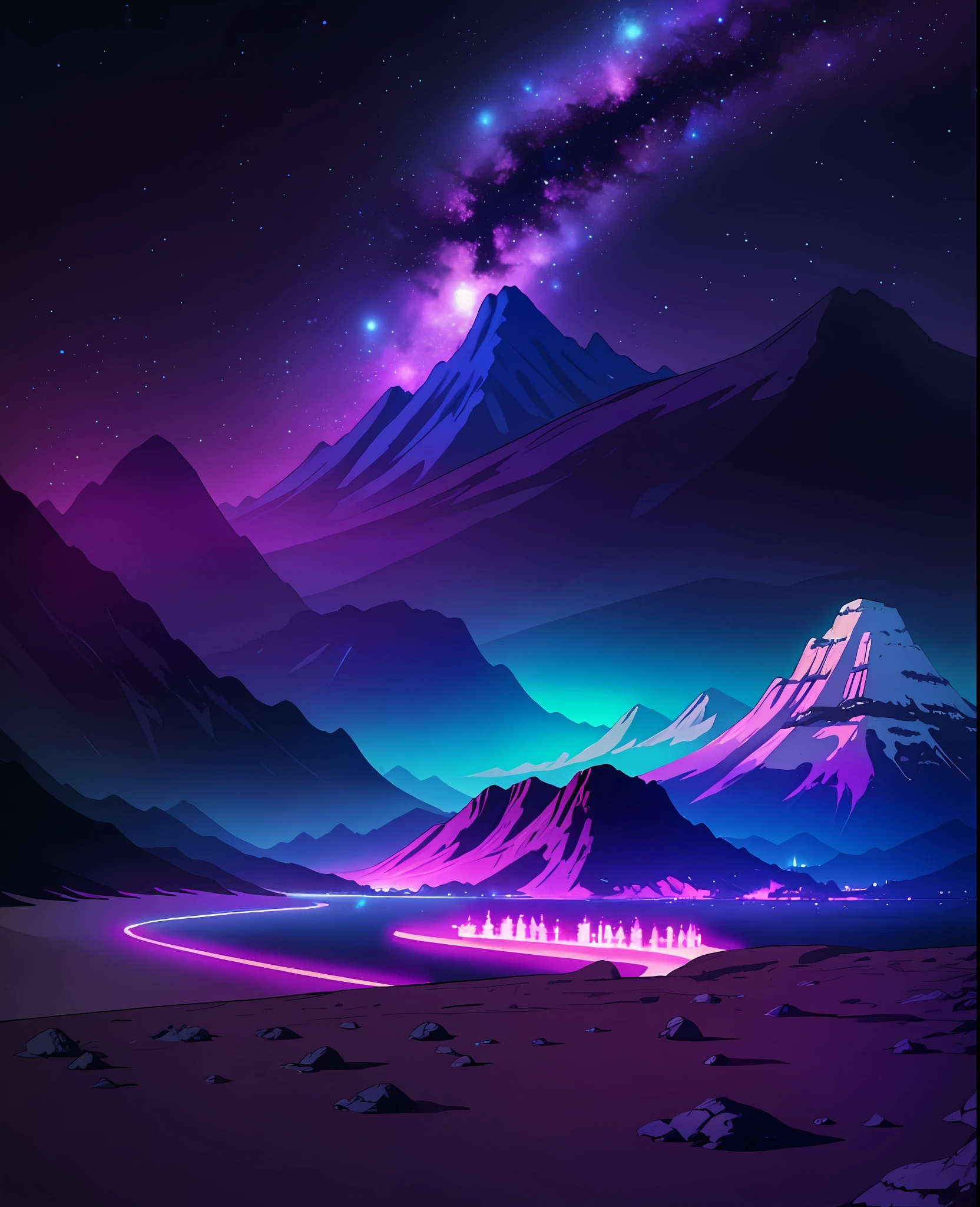 purple and blue galaxy over a beach with a mountain in the distance, beautiful iphone wallpaper, artem demura beeple, dark neon colored universe, phone wallpaper hd, beautiful alien landscape, lush alien landscape, calm night. digital illustration, in an colorful alien planet, fantasy planet, space landscape, magical colors and atmosphere, amazing wallpaper, cosmic landscape, galactic landscape