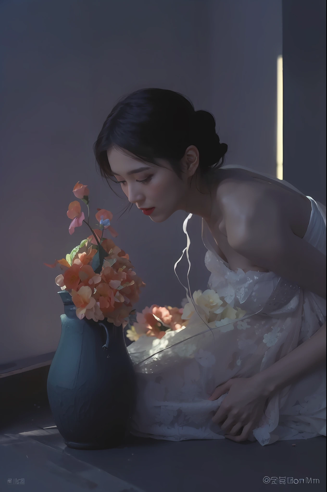 Flowers fill the walls，(Best lighting:1.2，Cute Chinese girl:1.2，[White dress:1.3]，full full body，Beautiful dance moves，Wearing a pink long silk bandeau dress，Colorful flower wall，Poster level，Flowers on the walls are not crowded，Elegant and colorful:1.1，Bright and moving:1.1，[Ultra-detailed:1.2+Dynamic pose+Delicate:1.2]，)，Large breasts，Pout，The sides are flanked by five-colored flowers，On the walls are pink hydrangeas，Rose flower，Small colored chrysanthemums，The background wall is a wall of flowers predominantly pink