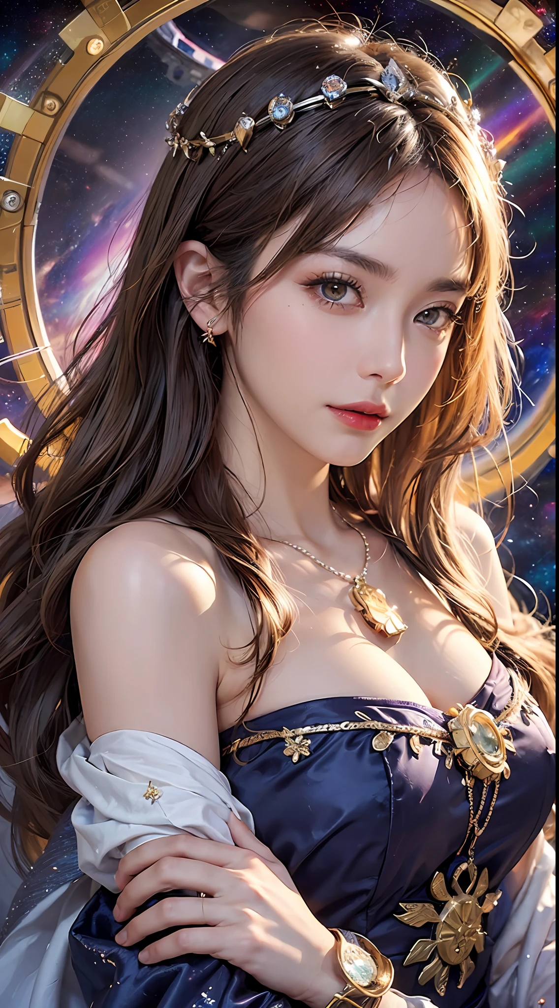 1 27-year-old girl, 1 zodiac goddess from the future, goddess of the pink and purple 12 zodiacs, the goddess of the zodiac in a yellow ao dai, a 12 zodiac ao dai with many black lace detail, mythology Goddess of the 12 zodiacs from the future, zodiac ♏, luxurious glittering zodiac style, dark and mysterious version, zodiac crown, lipstick lips red, thin and beautiful lips, don't smile, keep your mouth shut, characters made by karol bak and pino daeni, intricate detail, detailed background, extremely detailed, light magic, a woman, clear face, look at the face of goddess zodiac look at the zodiac goddess face, round breasts, Big and round breasts, phoenix hair brooch, hair long with bangs, beautiful face in detail and well-proportioned eyes, (transparent yellow eyes: 1.8), big round eyes and very beautiful and detailed makeup, foresight, silk dress, mysterious makeup, Bangles, double bangs and dyed light blonde, upper body, (zodiac goddess upper body: 1.9), arms hanging loosely, Realistic and vivid photo, (stars make up the zodiac: 1.7), (sky background zodiac and fictitious space and time portal: 1.8), fiction art, RAW photo, hanfu picture, best photo, high_res, best quality, best photo quality, 8k quality, 8k ultra, super realistic, real photo most economical, artistic portrait of goddess zodiac, 1 symbol of 12 zodiac signs on the back, single portrait of 1 zodiac goddess, The most realistic color scheme, the best photo color, masterpiece, hair ornament, necklace, jewelry, Beautiful face, upon body, tyndall effect, photo realistic, dark studio, rim lighting, two tone lighting, (high detailed skin:1.2), 8k uhd, dslr, soft lighting, high quality, volumetric lighting, candid, Photograph, high resolution, 4k, 8k quality, Bokeh, Smooth and sharp, increase the pixel by 10x, Charming zodiac goddess, sexy zodiac goddess, (background space:1.8), (galaxy: 1.7), aurora, lightning, (Auroral Background: 1.8) <lora:locon_perfecteyes_v1_from_v1_