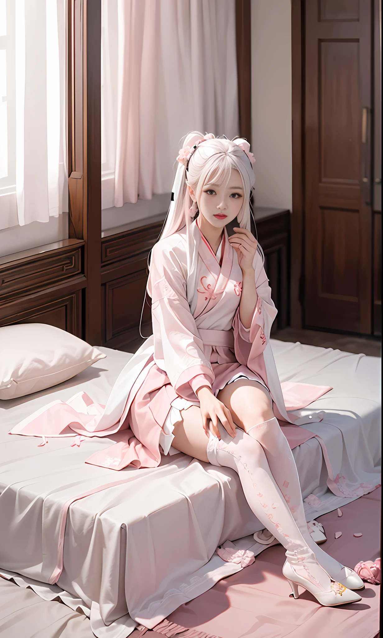 Chinese style, white hair, Chinese clothing, Tang style Hanfu, Hanfu, ((((pink and white skirt)), embroidery, over-the-knee socks, high heels, interior, bed