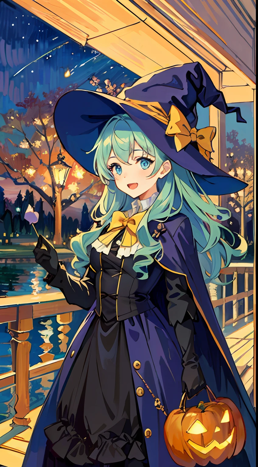 ((masterpiece:1.2, best quality)), 1girl, solo, (witch hat), a close up of a girl with curly hair, dress, aurora, night, star (sky), gloves, sky, dress, night sky, open mouth, starry sky, light blue eyes, ribbons, smile, cape, colorful hair, magic, casting spell, night, (impressionism:1.4), alphonse mucha, Halloween colors, colorful candy, magical lights, pumpkins, candies