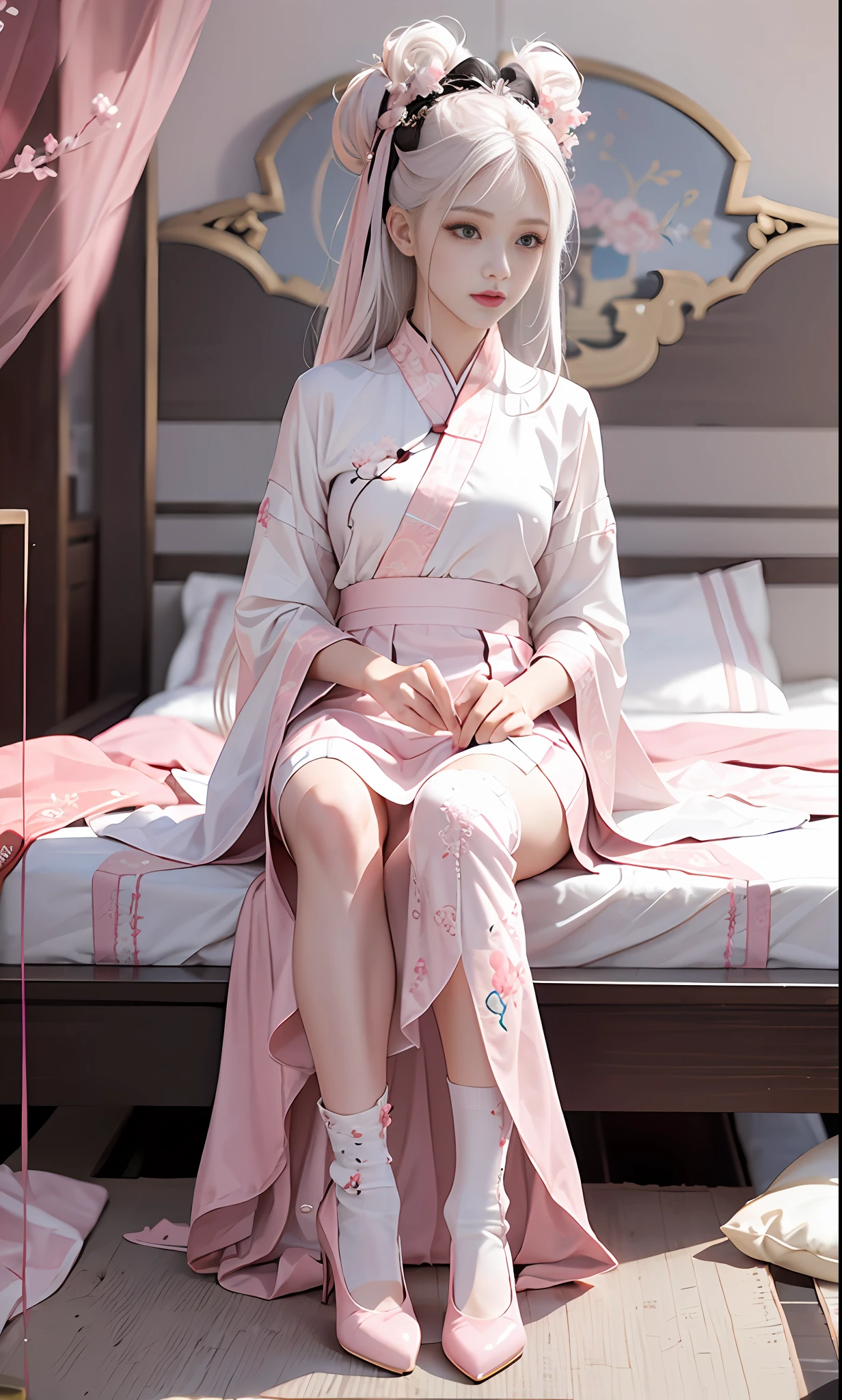 Chinese style, white hair, Chinese clothing, Tang style Hanfu, Hanfu, ((((pink and white skirt)), embroidery, over-the-knee socks, high heels, interior, bed