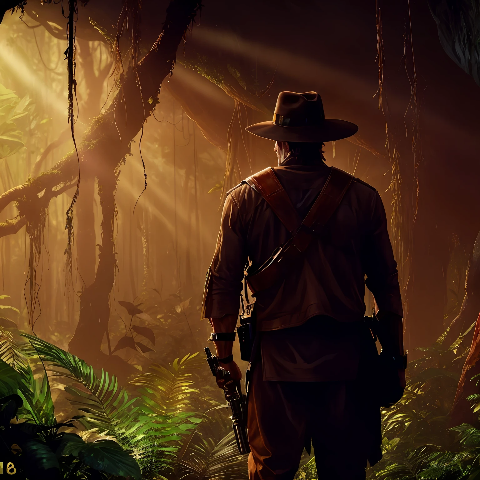 arafed man in a hat and a brown shirt standing in a jungle, indiana jones, cinematic 4 k wallpaper, cinematic 4k wallpaper, hd wallpaper, movie still 8 k, wallpaper background, doc savage in the jungle, hq 4k wallpaper, wallpaper 4k, wallpaper 4 k, deep jungle from another world, inside an alien jungle, cinematic forest lighting