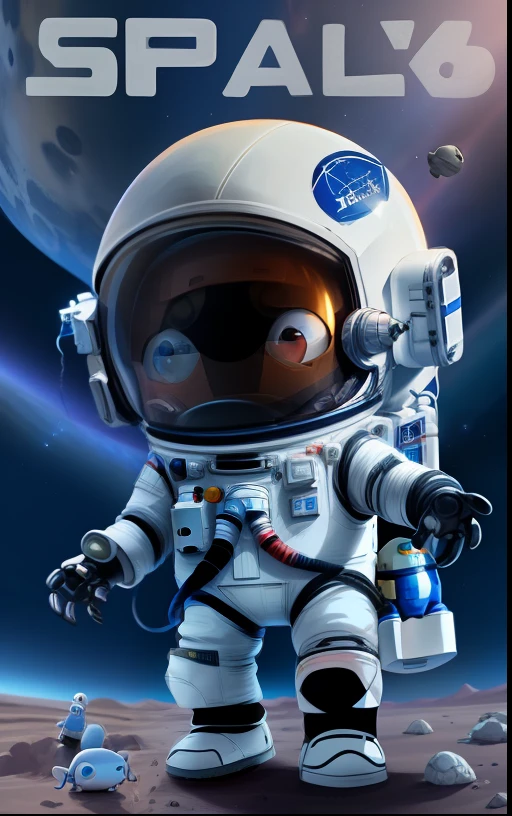 a close up of a cartoon astronaut on a moon surface, small astronaut looking up, minion in space, cute astronaut sticker art, astronaut, The astronaut, in spacesuit, Spacesuit, wears tiny spacesuit, small astronauts, dusty space suit, detailed astronaut, venus squid astronaut, an evil alien astronaut, space suit, Cute robot, An astronaut