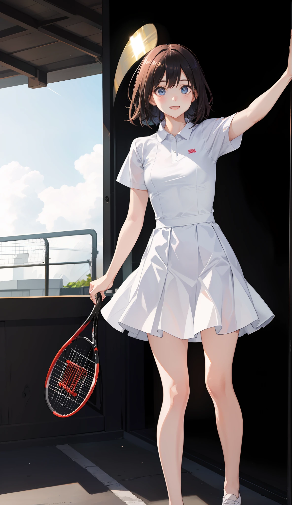 1The girls、shirts、preated skirt、17yearsold、Bob Hair Style、smile on face、delightful!、enmaided、Chromo-white skin、Beautiful Eyes、(small tits)、throb、Wimbledon、(Wearing white tennis wear)、Bright lighting、Vents、the sun、Various hair colors、