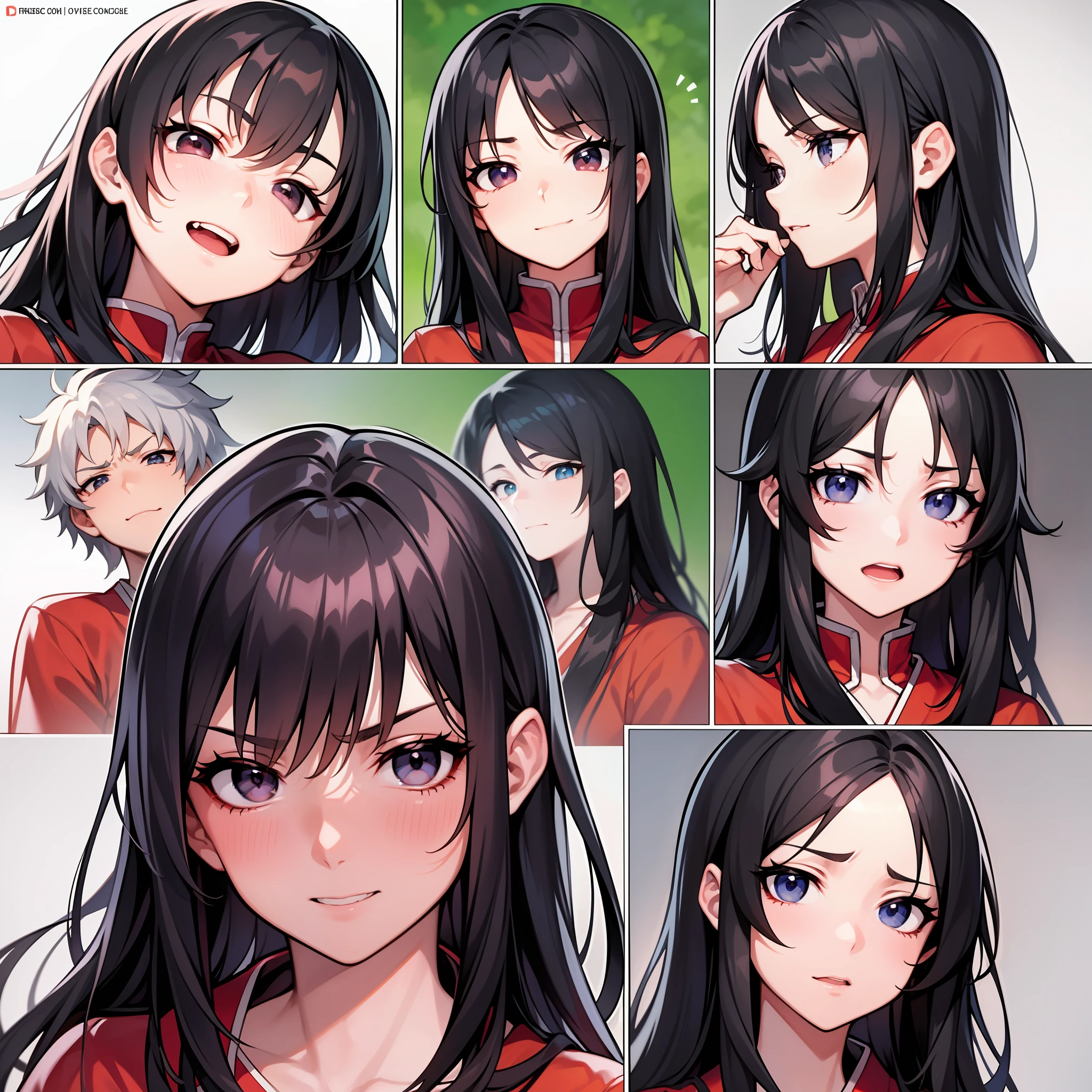 There is a Japanese-style webtoon page with multiple shots of the same character in the same clothes with different facial expressions: The webtoon page depicts one character, a young Asura guy with long black hair in a red tunic in different frames, the same character in each frame, a young Asura guy with long black hair in a red tunic but with different facial emotions. A young Asura guy with long black hair and a red tunic in every frame. Frame 1: Character laughs. Frame 2: the character is indifferent. Frame 3: The character is evil. Frame 4: The character smiles sweetly. Frame 5: the character is crying. Frame 6: the character is surprised. Frame 7: The character winks slyly. Frame 8: The character is bored and looks at the sky. Frame 9: the character screams angrily. The frames are neat and organized, with each frame having a white background. The character is drawn in traditional Japanese manga style, with clean anime-style lines. The skin is pale. Related characters, old comic book grid, white background