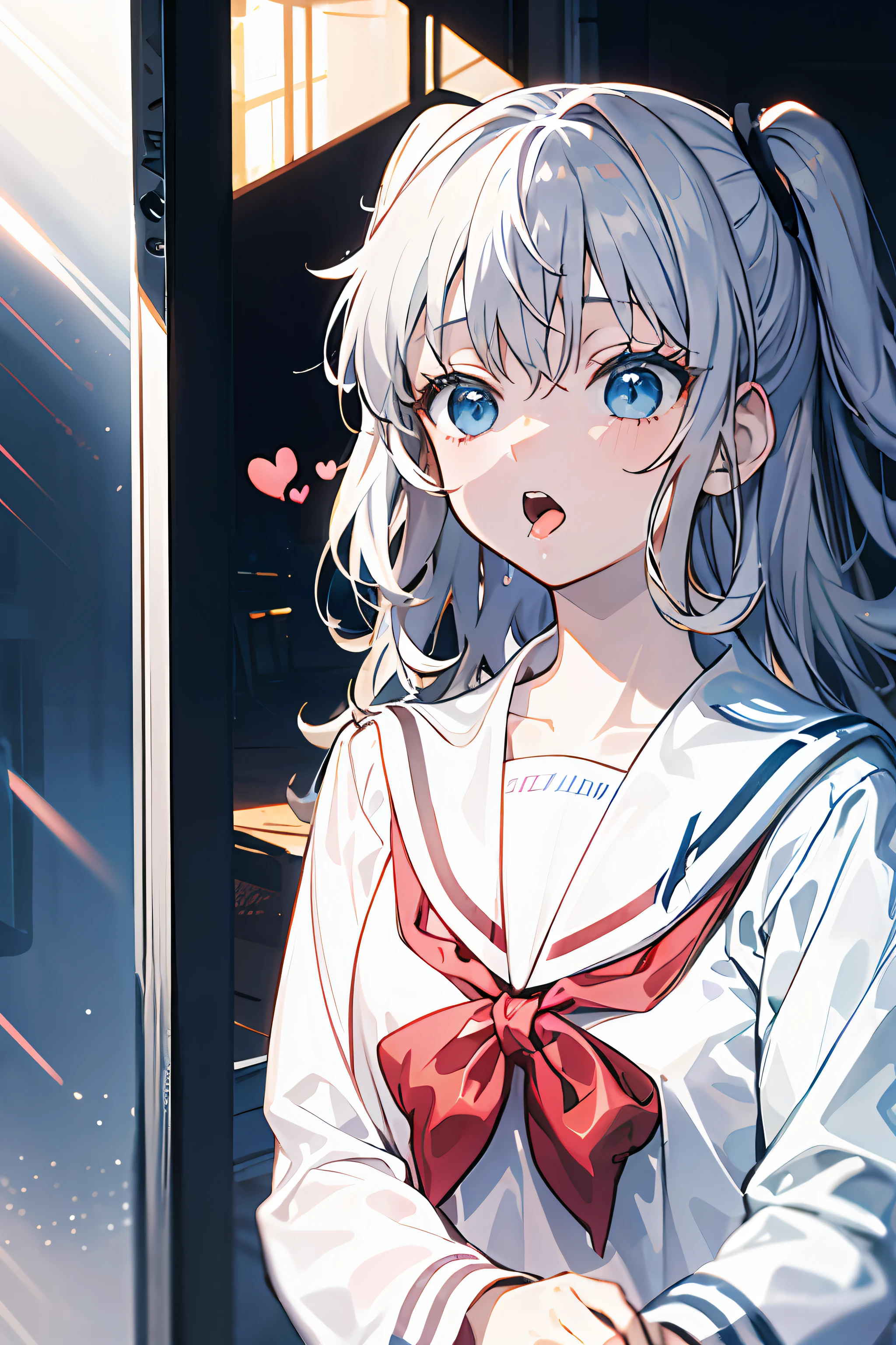 A shy girl, Sunlight shines on the girl's face through the glass blue dress, white shitrt, serafuku, with the mouth open, (Speaking heart:1.4)