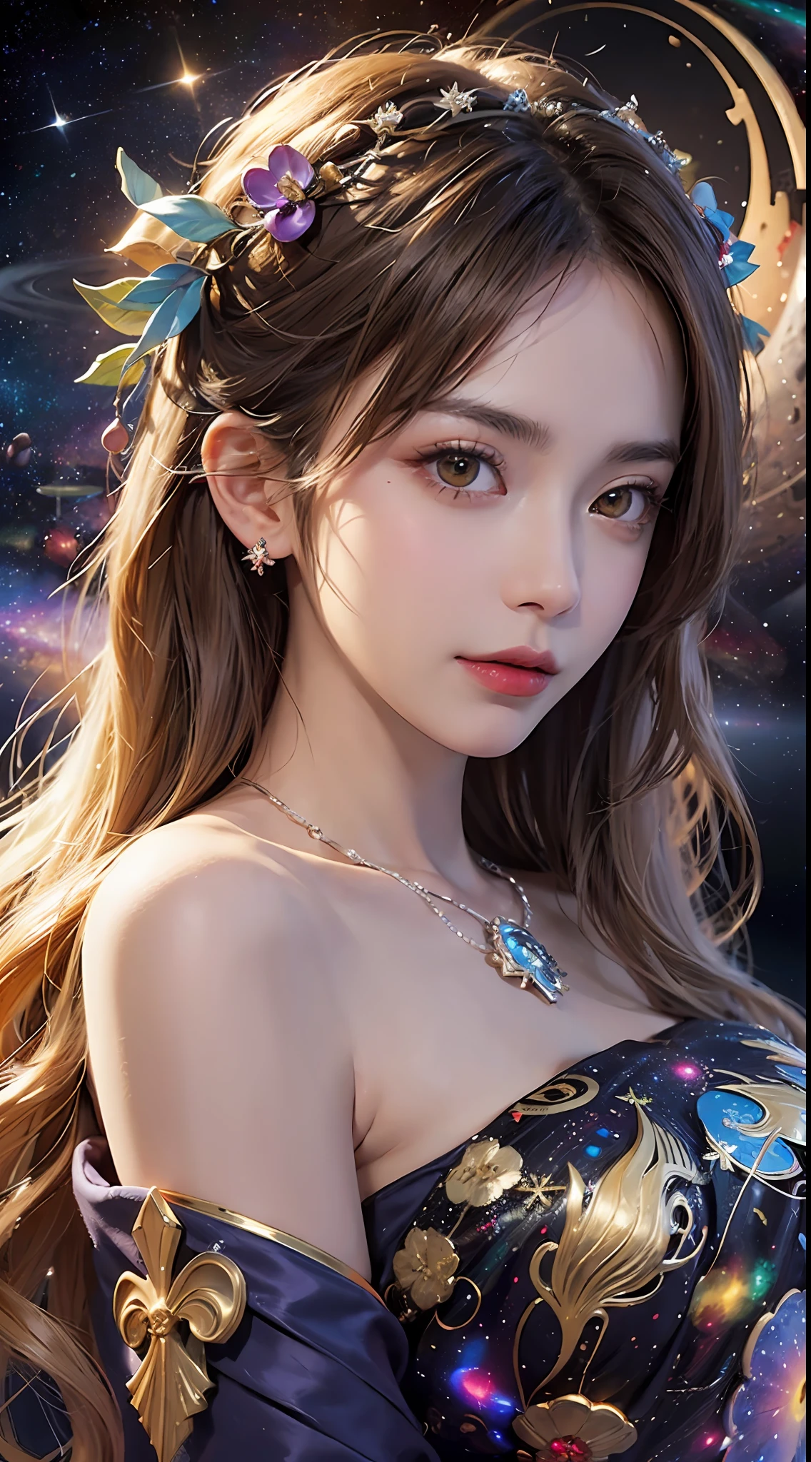 1 27-year-old girl, 1 zodiac goddess from the future, goddess of the pink and purple 12 zodiacs, the goddess of the zodiac in a yellow ao dai, a 12 zodiac ao dai with many black lace detail, mythology Goddess of the 12 zodiacs from the future, zodiac ♏, luxurious glittering zodiac style, dark and mysterious version, zodiac crown, lipstick lips red, thin and beautiful lips, don't smile, keep your mouth shut, characters made by karol bak and pino daeni, intricate detail, detailed background, extremely detailed, light magic, a woman, clear face, look at the face of goddess zodiac look at the zodiac goddess face, round , Big and round , phoenix hair brooch, hair long with bangs, beautiful face in detail and well-proportioned eyes, (transparent yellow eyes: 1.8), big round eyes and very beautiful and detailed makeup, foresight, silk dress, mysterious makeup, Bangles, double bangs and dyed light blonde, upper body, (zodiac goddess upper body: 1.9), arms hanging loosely, Realistic and vivid photo, (stars make up the zodiac: 1.7), (sky background zodiac and fictitious space and time portal: 1.8), fiction art, RAW photo, hanfu picture, best photo, high_res, best quality, best photo quality, 8k quality, 8k ultra, super realistic, real photo most economical, artistic portrait of goddess zodiac, 1 symbol of 12 zodiac signs on the back, single portrait of 1 zodiac goddess, The most realistic color scheme, the best photo color, masterpiece, hair ornament, necklace, jewelry, Beautiful face, upon body, tyndall effect, photo realistic, dark studio, rim lighting, two tone lighting, (high detailed skin:1.2), 8k uhd, dslr, soft lighting, high quality, volumetric lighting, candid, Photograph, high resolution, 4k, 8k quality, Bokeh, Smooth and sharp, increase the pixel by 10x, Charming zodiac goddess, zodiac goddess, (background space:1.8), (galaxy: 1.7), aurora, lightning, (Auroral Background: 1.8) <lora:locon_perfecteyes_v1_from_v1_