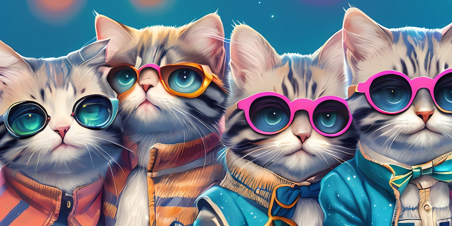 three cats wearing glasses and a tie are standing together, kittens in outer space, Planeta dos Gatos, Beeple e Jeremias Ketner, arte de fantasia peluda, Gatos Neon bonitos, arte digital detalhada bonito, Jen Bartel, gato espacial, illustration of 2 cats, Arte peluda, gatos gatos dreamcats, painting digital adorable, gato gato dreamcats, festa dos gatos