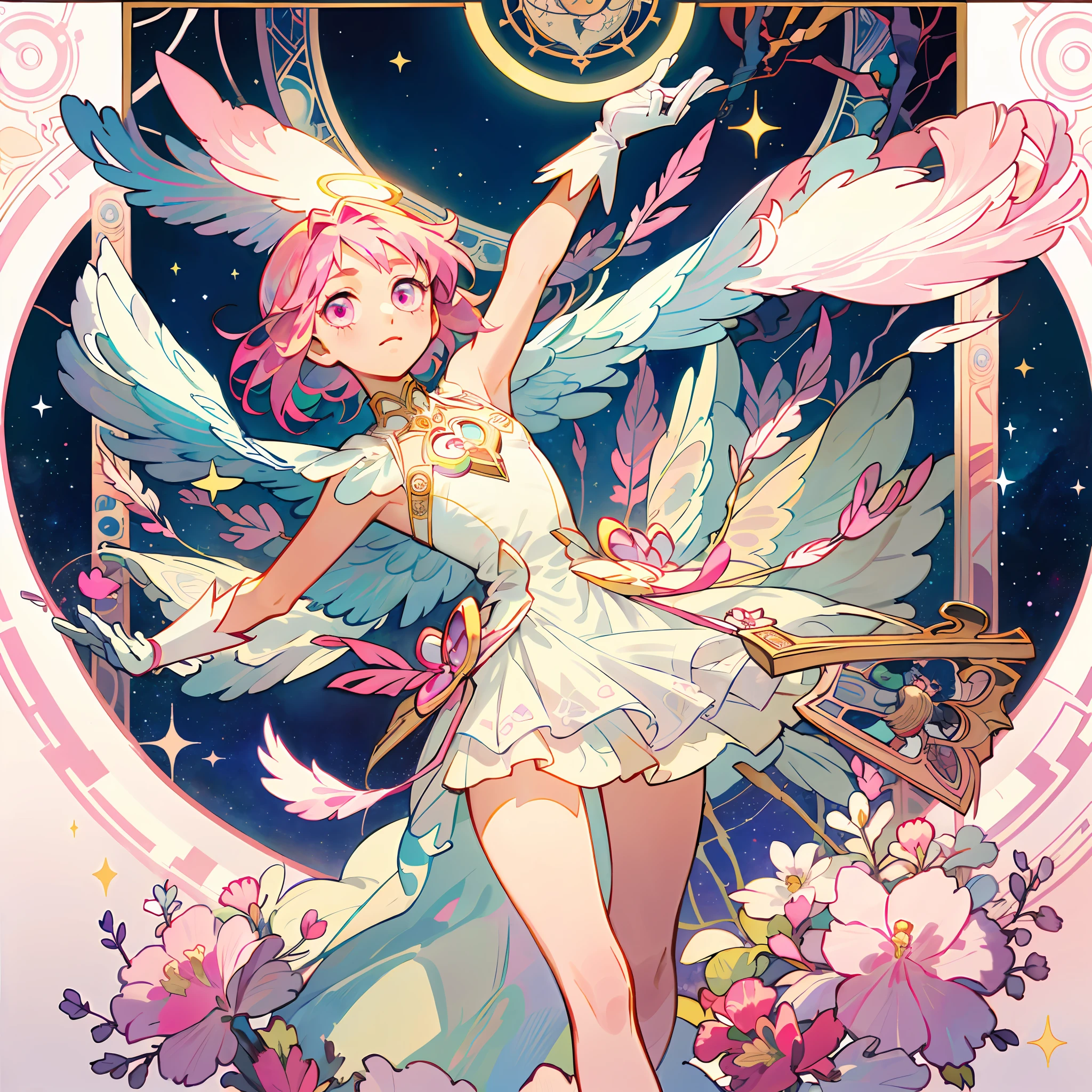 ((masterpiece,best quality)),(1girl, solo:1.4),beautiful detailed eyes, vivid, cinematic light, full_body, pink_flowers, (tarot_card), intricate, detailed background, looking_at_viewer, Madoka Kaname, hands reaching out, (flat chest), (walking), casual pose, posing, (white_gloves), (pink_eyes), white feathers, sparkles, glitter, celestial, outerspace, by alphonse mucha, (gold frame), halo, (tarot border)