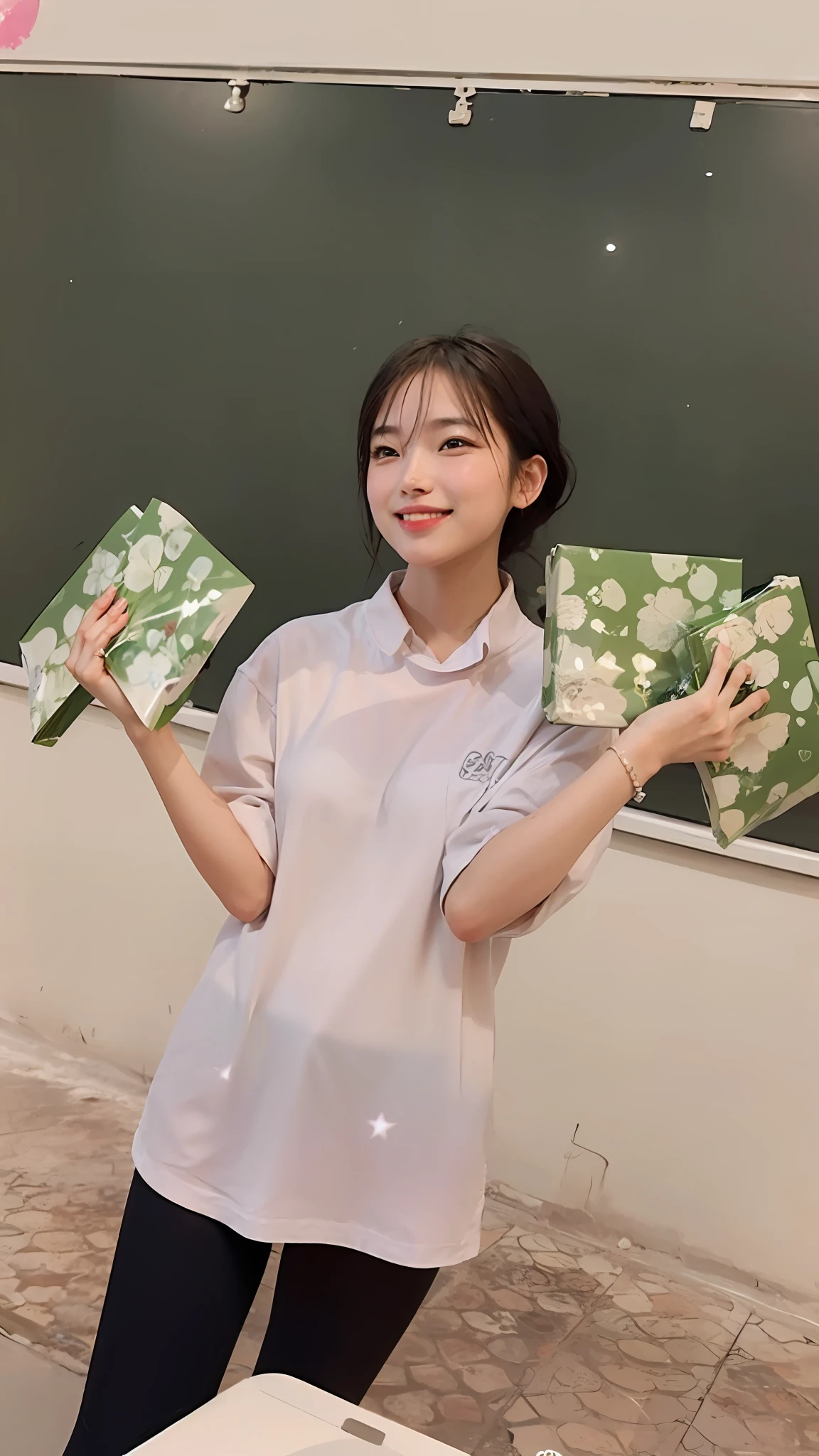 (aesthetic, modern),portrait of a confident girl with a bright smile,(galaxy pattern shirt:1.2),shoulder-length hair, light makeup