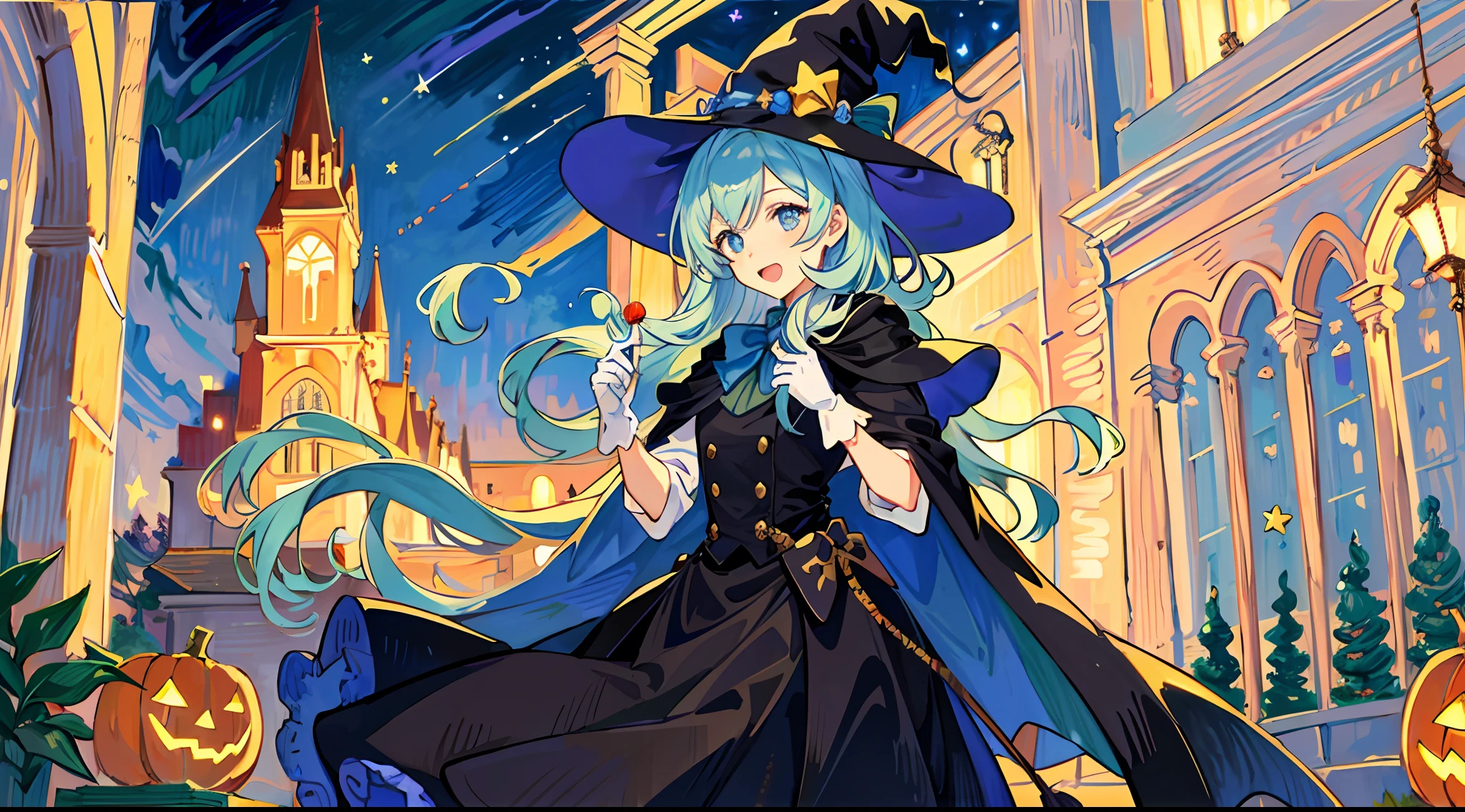 ((masterpiece:1.2, best quality)), 1girl, solo, (witch hat), a close up of a girl with curly hair, dress, aurora, night, star (sky), gloves, sky, dress, night sky, open mouth, starry sky, light blue eyes, ribbons, smile, cape, colorful hair, magic, casting spell, night, (impressionism:1.4), alphonse mucha, Halloween colors, colorful candy, magical lights, pumpkins, candies, spooky castle cathedral background