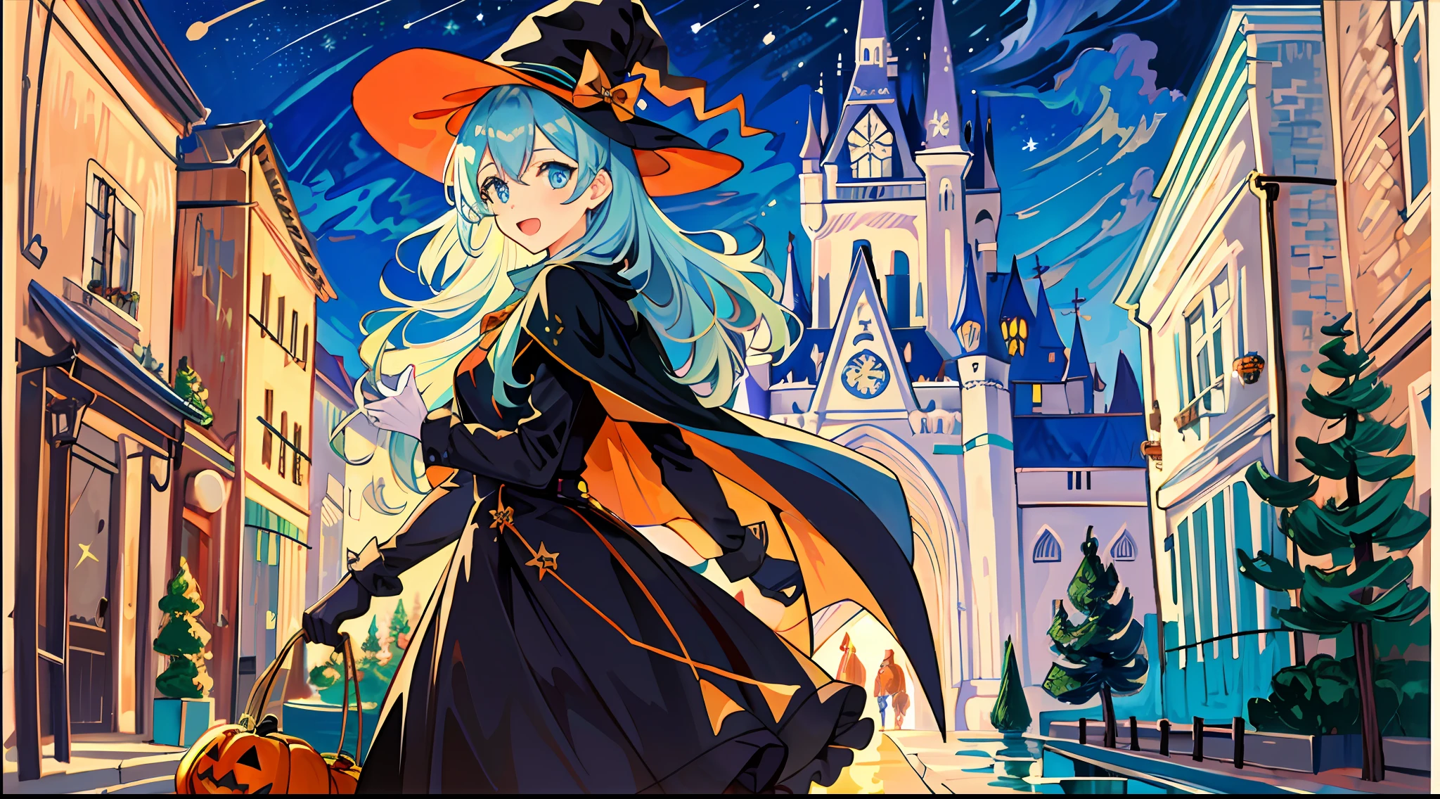 ((masterpiece:1.2, best quality)), 1girl, solo, (witch hat), a close up of a girl with curly hair, dress, aurora, night, star (sky), gloves, sky, dress, night sky, open mouth, starry sky, light blue eyes, ribbons, smile, cape, colorful hair, magic, casting spell, night, (impressionism:1.4), alphonse mucha, Halloween colors, colorful candy, magical lights, pumpkins, candies, spooky castle cathedral background
