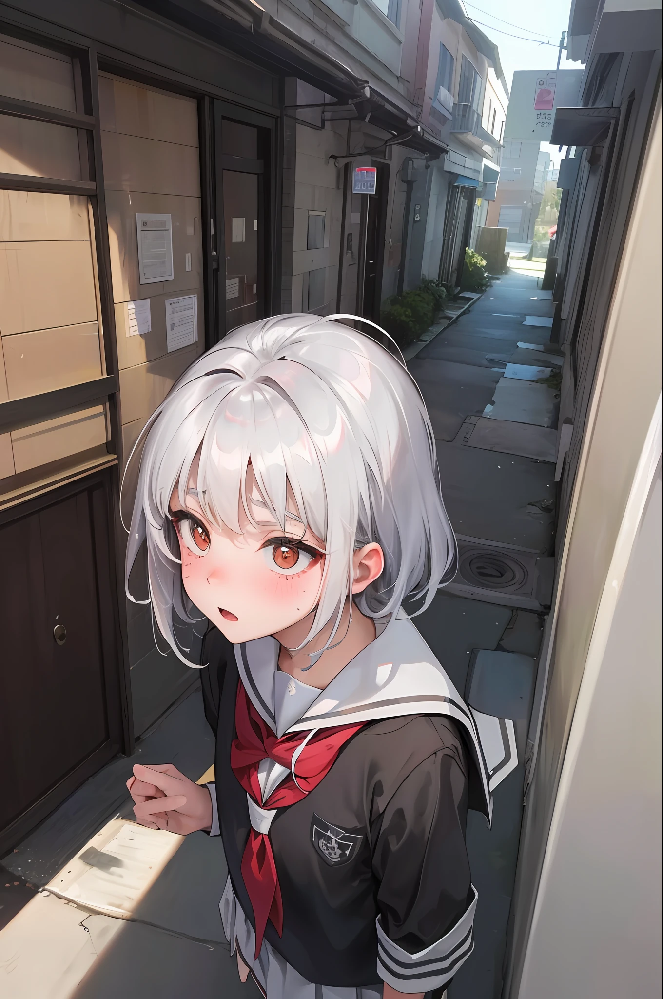 Gray alley,Drunken teenage girl,Crimson cheeks,plump figure,(Long silver-white fluffy hair,JK school uniform,),Someone was found to be following,The expression was a little alarmed