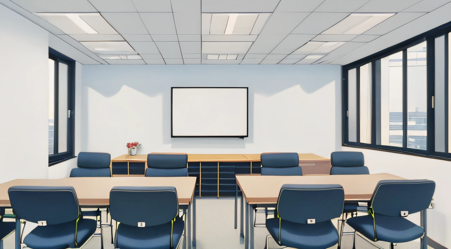 There is one with a table, Chair in the conference room, office backdrop, meeting room, business meeting, Flat illustration, ready for a meeting, corporate animation style, Commercial illustration, corner office background, background 1970s office, backroom background, random background scene