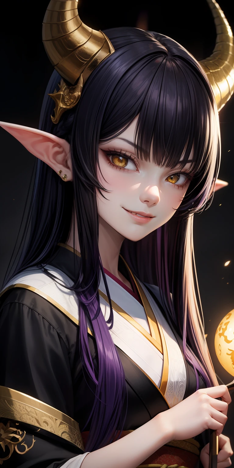 (masterpiece, best quality), intricate details, 1girl, purple hair, long hair, bright hair, golden eyes, spiky bangs, black and white kimono, pointed ears, dragon horns, evil smirk