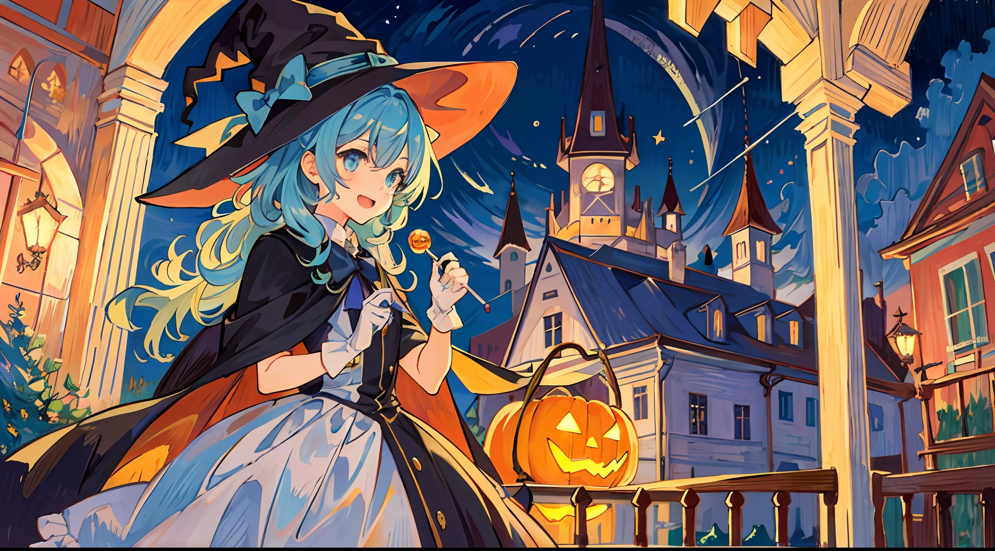 ((masterpiece:1.2, best quality)), 1girl, solo, (witch hat), a close up of a girl with curly hair, dress, aurora, night, star (sky), gloves, sky, dress, night sky, open mouth, starry sky, light blue eyes, ribbons, smile, cape, colorful hair, magic, casting spell, night, (impressionism:1.4), alphonse mucha, Halloween colors, colorful candy, magical lights, pumpkins, candies, spooky castle cathedral background