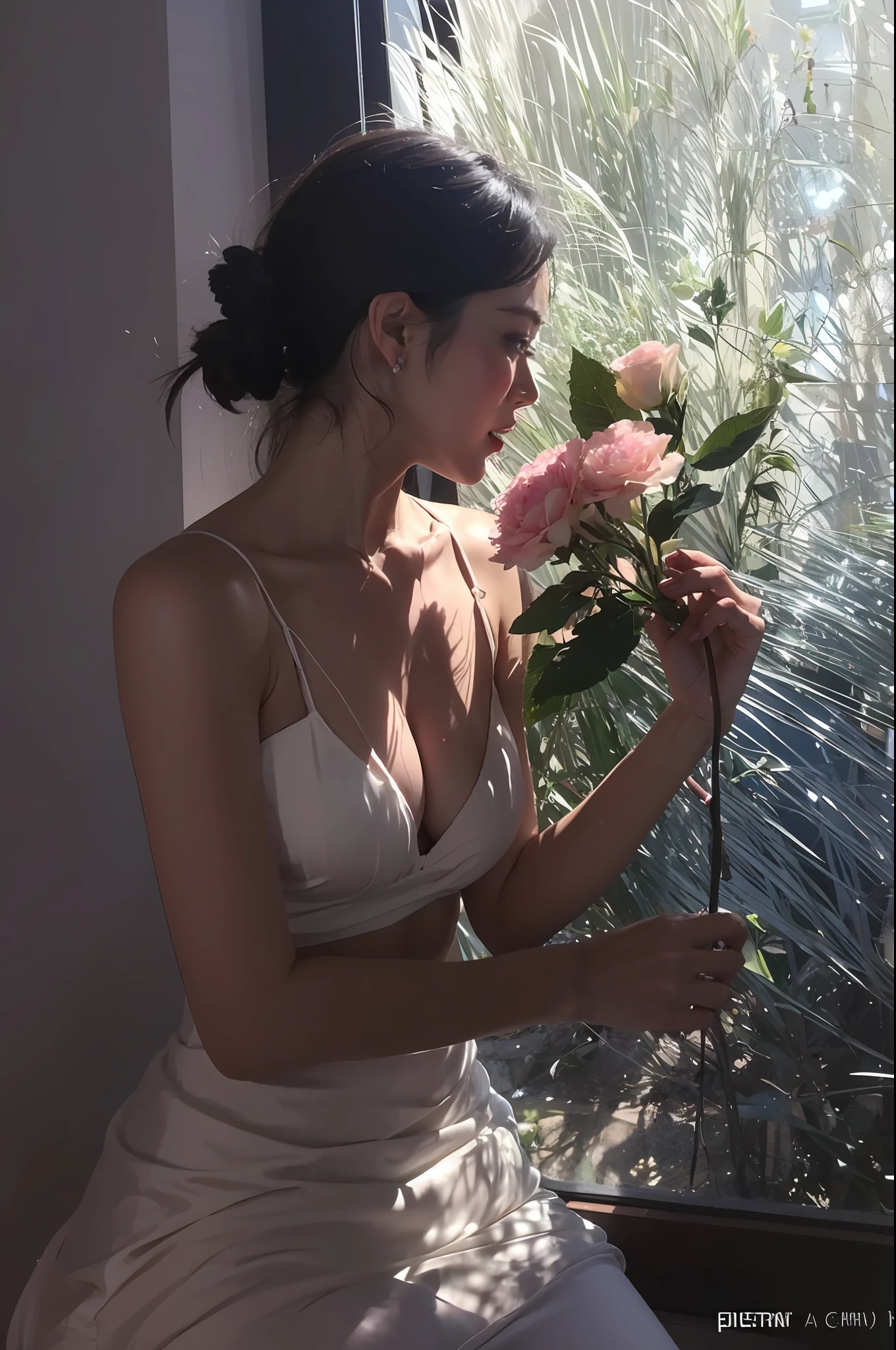 Flowers fill the walls，(Best lighting:1.2，Cute Chinese girl:1.2，[White dress:1.3]，full full body，Beautiful dance moves，Wearing a pink long silk bandeau dress，Colorful flower wall，Poster level，Flowers on the walls are not crowded，Elegant and colorful:1.1，Bright and moving:1.1，[Ultra-detailed:1.2+Dynamic pose+Delicate:1.2]，)，Large breasts，Pout，The sides are flanked by five-colored flowers，On the walls are pink hydrangeas，Rose flower，Small colored chrysanthemums，The background wall is a wall of flowers predominantly pink