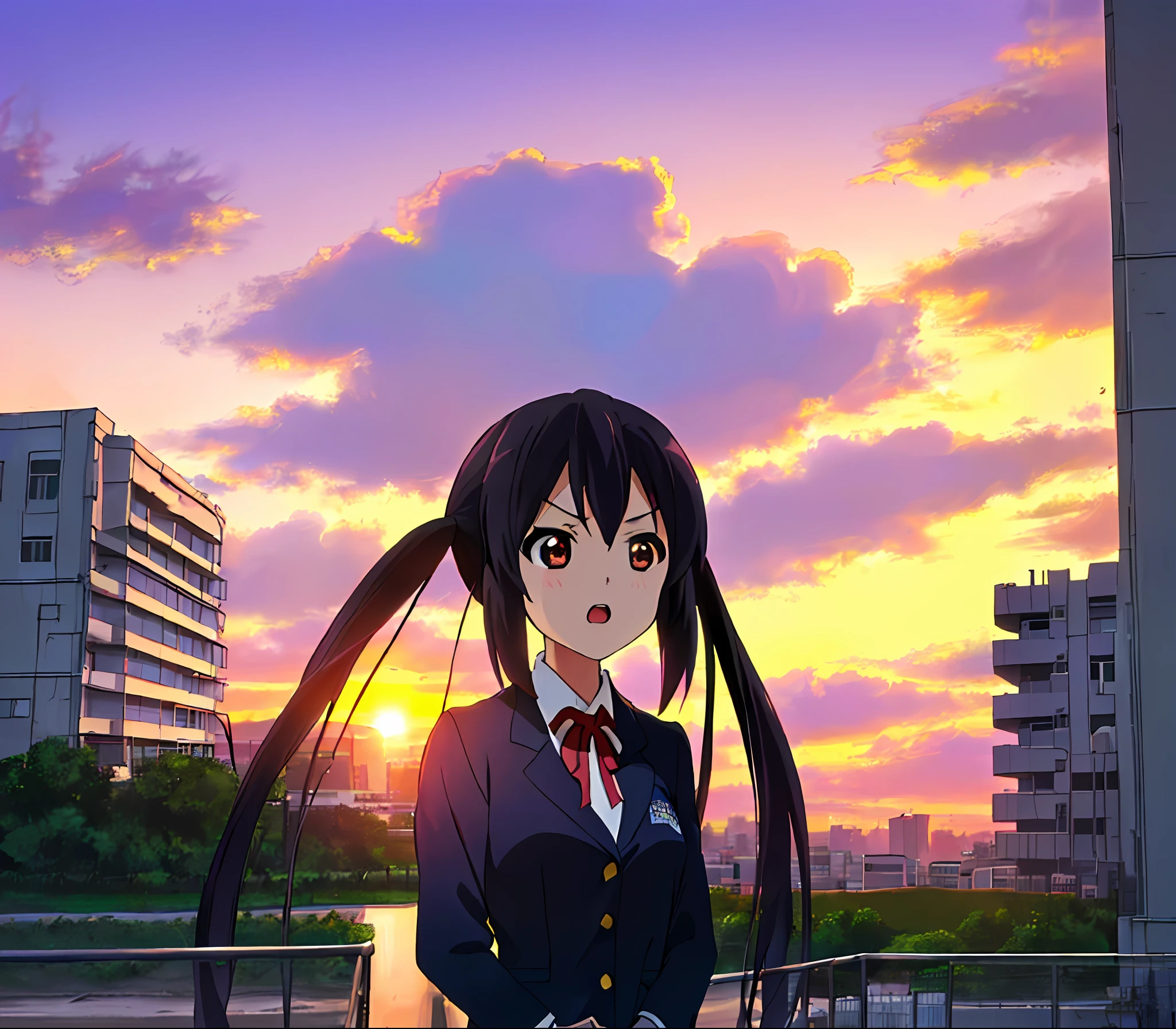 1girl, ((((Masterpiece))), Best Quality, Best Quality, High Detail, Azusa Nakano, 1girl, Sakuragaoka High School Uniform, Musical Instrument, School Uniform, Twin Tails, Long Hair, Black Hair, Brown Eyes, Solo, Red, Dark blue blazer with a thin ribbon of red, Solid white button shirt under blazer, Illustration, Cartoon, Soothing tones, Muted colors, Soft cinematic light, Adobe Lightroom, Photo Lab, HDR, complex and highly detailed, (((depth of field))))). (((Masterpiece))). (((highest quality))).) ((super detail))). (((Illustration))). (((fighting stance))).,((((Gigantic))).dynamic focus. (((skyscrapers))). (((Cityscape))). (((Despair Face))). open mouth. (((Sunset))). (((Sunset))). (((clench fists))). (((Proud))). (((small breasts))).