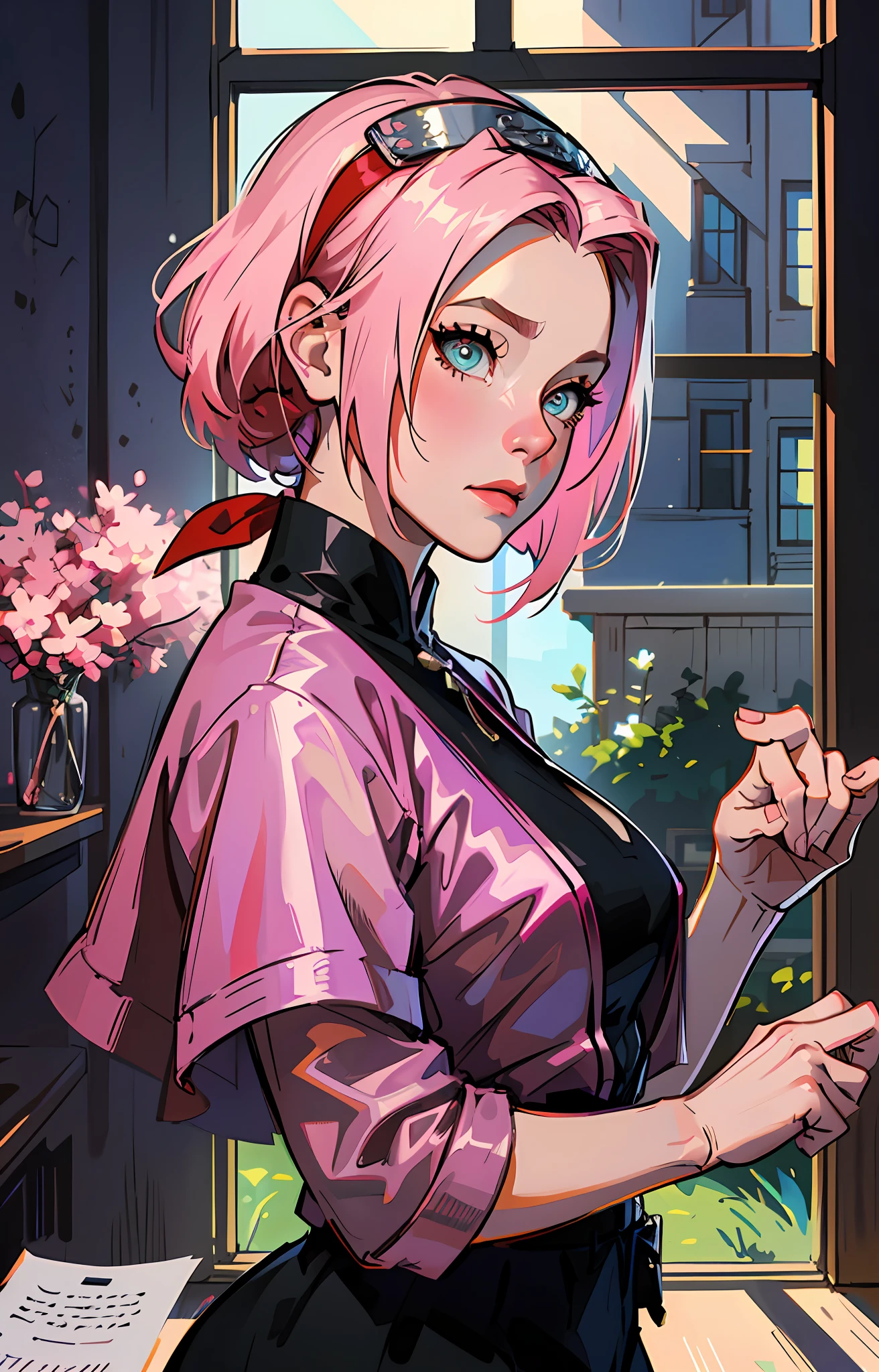 sakura haruno, ((somente)), sozinha, ((Head for the exhibition)), elegante,usando uma blusa vermelha e uma saia rosa claro, Sakura haruno em Naruto Shippuden, she's charming, atraente, cabelo rosa, delicado, jovem, cabelo curto, detalhado, hight definition, ((corpo inteiro)), she's in her house looking at a picture, olhando para o espectador, she's a beautiful woman , beautiful and nice woman, Linda, Bela, alta qualidade, olhos definidos, hight definition, nitidos, sharp strokes, Linda, red bow in hair,trending on ArtStation, por RHADS, Andreas Rocha, Horse, Makoto Shinkai, Laurie Greasley, Lois van Baarle, Ilya Kuvshinov e Greg Rutkowski