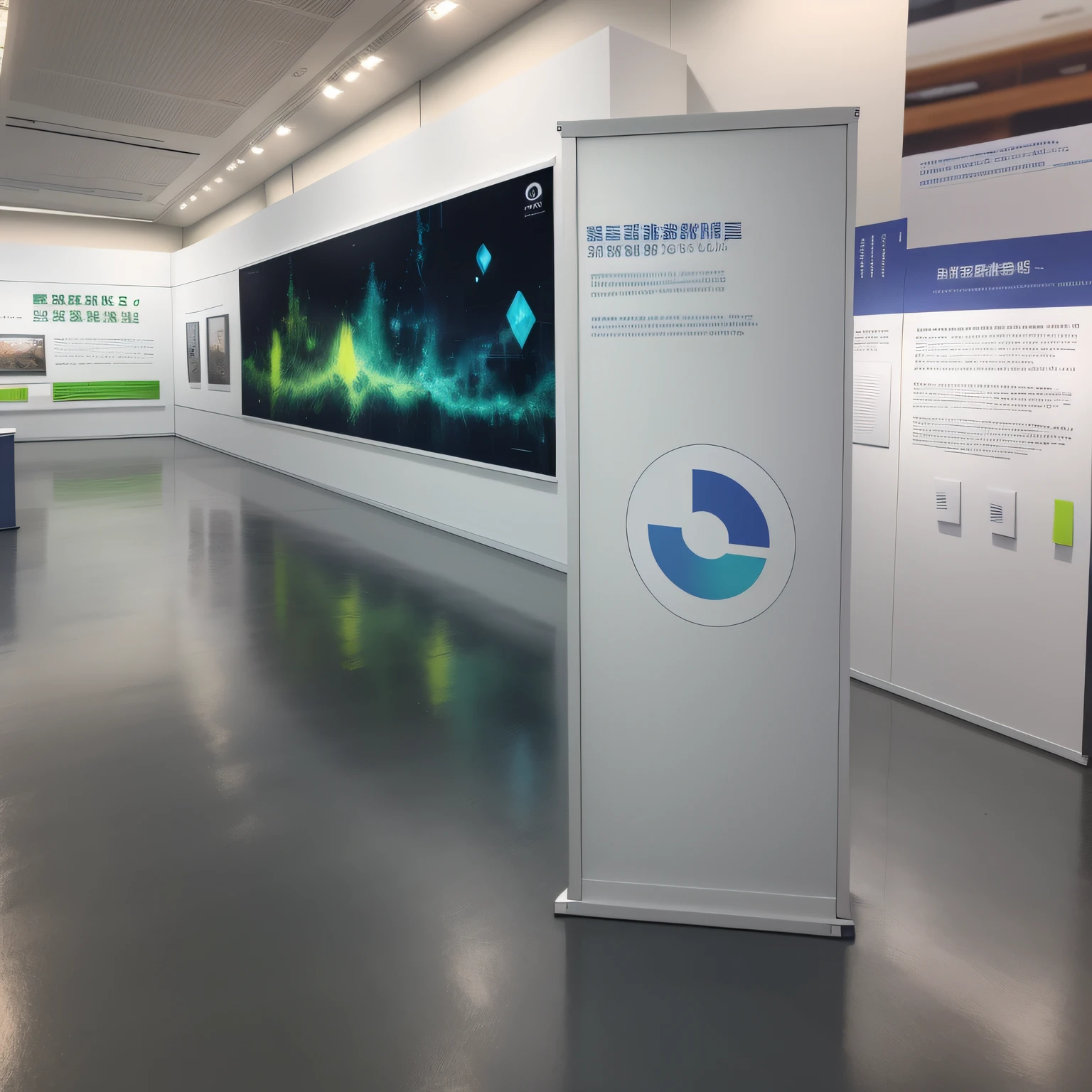 There is a wide portrait exhibition hall in a clean medical environment,Show a poster,There is a green sign on it,The sign reads "Stay in the museum",At the same time, there are other exhibits in the exhibition hall,Includes 3D iOS room photos displayed by electronic enclosures and holographic enclosures。This poster and other hall exhibits are meant to showcase products,These exhibits will be exhibited in the next 2447。Monitors are also set up in the exhibition hall to present more content。