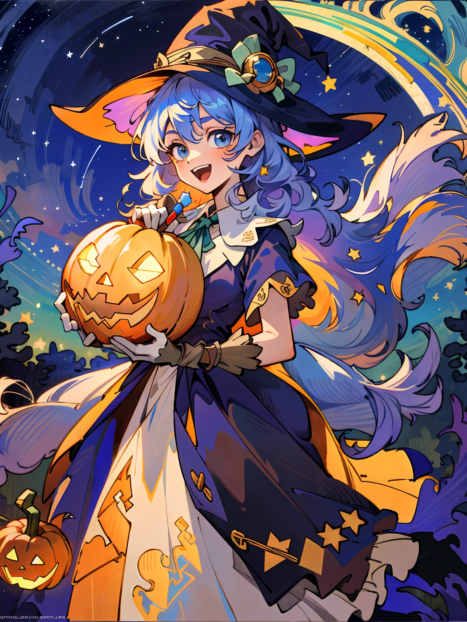 ((masterpiece:1.2, best quality)), 1girl, solo, (witch hat), a close up of a girl with curly hair, dress, aurora, night, star (sky), gloves, sky, dress, night sky, open mouth, starry sky, light blue eyes, ribbons, smile, cape, colorful hair, magic, casting spell, night, (impressionism:1.4), alphonse mucha, Halloween colors, colorful candy, magical lights, pumpkins, candies