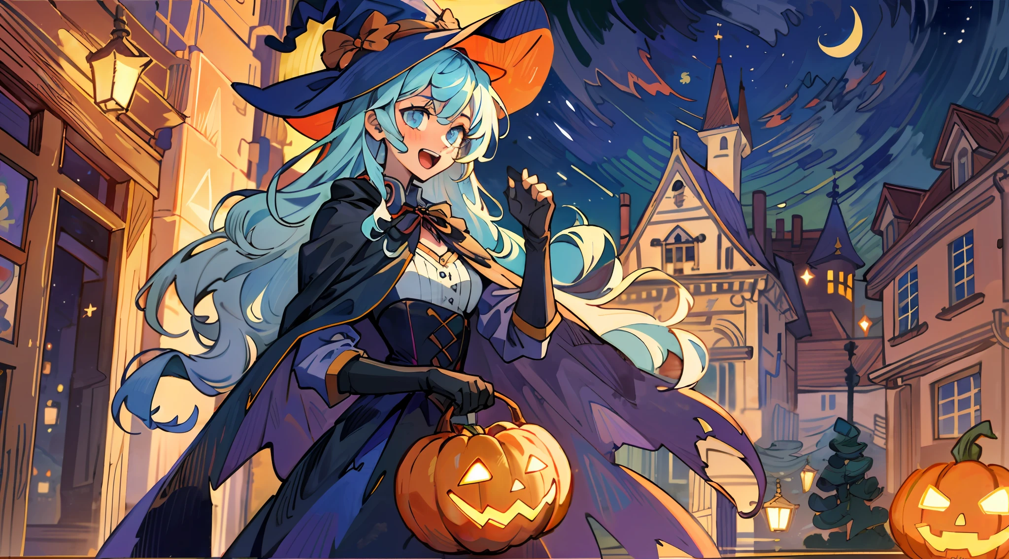 ((masterpiece:1.2, best quality)), 1girl, solo, (witch hat), a close up of a girl with curly hair, dress, aurora, night, star (sky), gloves, sky, dress, night sky, open mouth, starry sky, light blue eyes, ribbons, smile, cape, colorful hair, magic, casting spell, night, (impressionism:1.4), alphonse mucha, Halloween colors, colorful candy, magical lights, pumpkins, candies