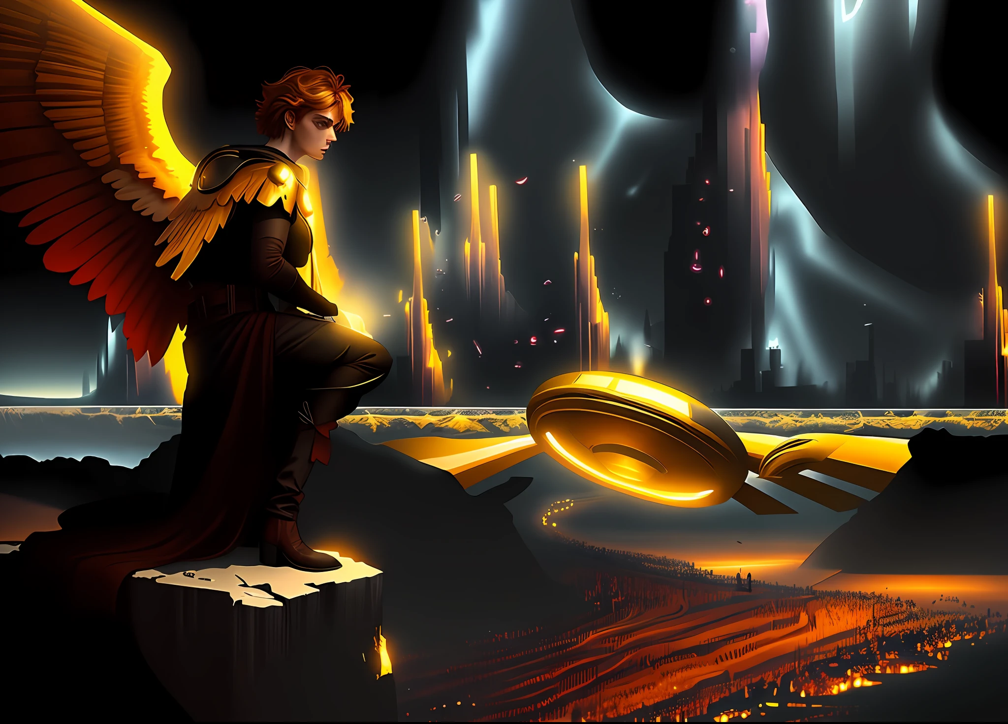 There is a digital painting of a man with wings, Anakin em uma rocha, Finnish in Grungerock Alien dark Dark Night, Noite sem estrelas preto de trevas e obescuro, epic scifi movie still, depicted as a scifi scene, an epic scifi movie still, em uma grande Asgard futurista de ouro com torres de ouro colossais iguais a montenhas de ouro, cidade enorme de ouro ao fundo, fan art, Ovni luminoso e colorido pairando sobre uma horda de ouro, Scifi, award-winning scientific art, concept piece, Tron Anjo, artists rendition, scifi religioso, Paleta de cores: tons de cores amarela, vermelha e preta, black and dark sky, com uma cidade enorme de ouro celestial, new Jerusalem illuminating on the horizon while the sky is a dark night