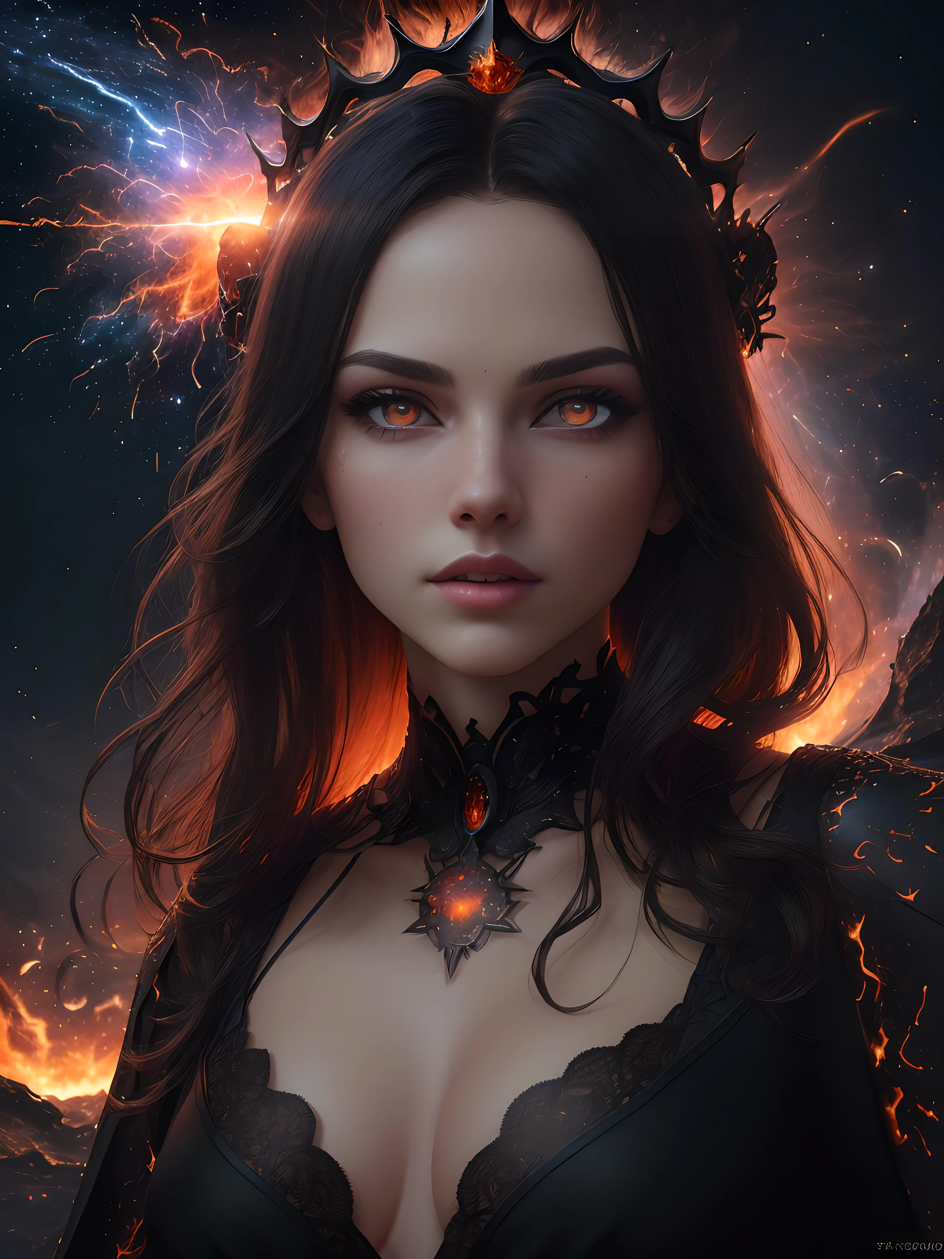 (professional portrait of a gorgeous female:1.3), (highly detailed face and eyes:1.3), (explosion of supernova flames, fire corona, halo of flames:1.5), (pretty face:1.3), (crown made of daggers:1.3), arrogant expression, highly detailed hair, (red_eyes:1.3), long straight black hair, plump lips, attractive features, delicate chin, intricate layered gothic black gown, (best quality, masterpiece, RAW photo, 8k:1.2), (intricate detail, highly detailed, insane detail:1.2), (natural lighting, fire light, dark shadows, crimson light:1.2), (black and red night sky, mist and fog, haunted castle scenery:1.1), (large red blood moon background:1.1), solo, 1girl, fantasy style, concept art, sharp focus, bokeh, (ultra high res, ultra high resolution:1.2), (photorealistic, ultra-realistic, hyper-realistic:1.2), soft contour, professional photography, fine-art photography, rule of thirds, macro photography, HDR, Chiaroscuro, unreal engine 5, ue5, trending on artstation, award winning, (centered, wide angle, close up, panoramic, focus on upper body, straight on view:1.2)