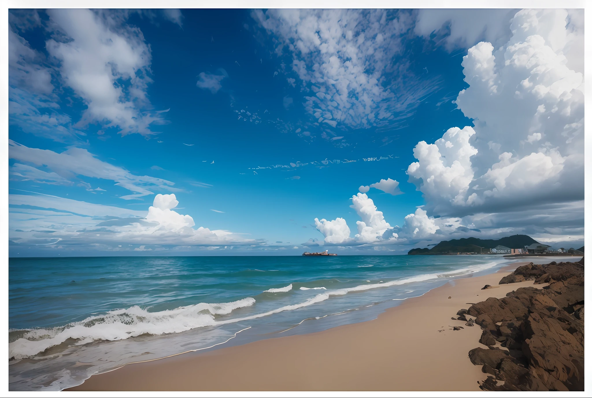 （realistically：1.4）， best qulaity， ultra-highres，
4K， Very detailed， there are many birds standing on the beach near the water, Chiba Yuda, wide angle photograph, the clouds、Wings and waves,  weather photography, Taiwan, clouds and waves, there is blue sky, today\'s featured photograph 4k, wide angle photograph，