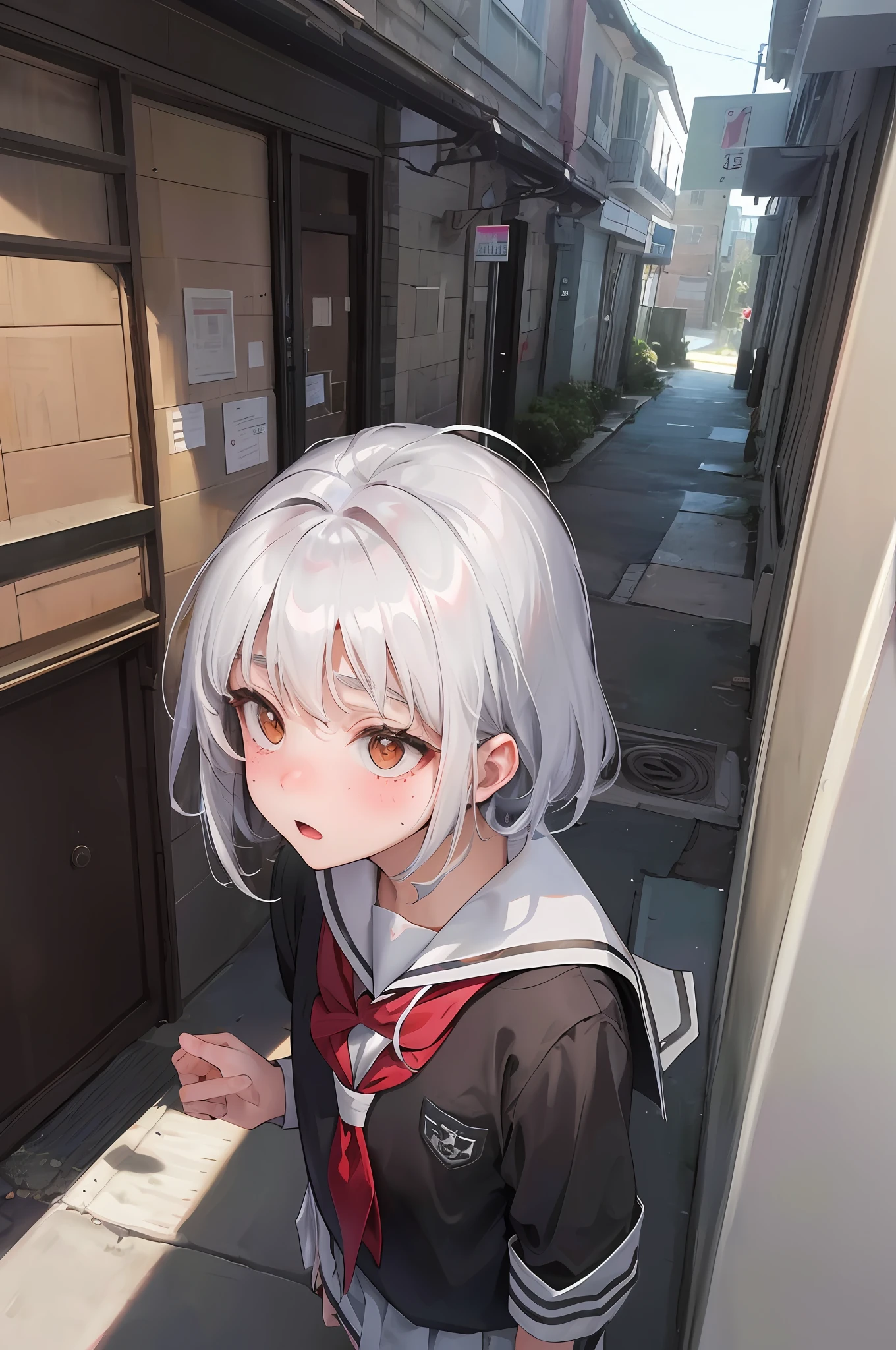 Gray alley，Drunken teenage girl，Crimson cheeks，plump figure，（Long silver-white fluffy hair，JK school uniform，），Someone was found to be following，The expression was a little alarmed，（Not far behind him was a blurry figure）