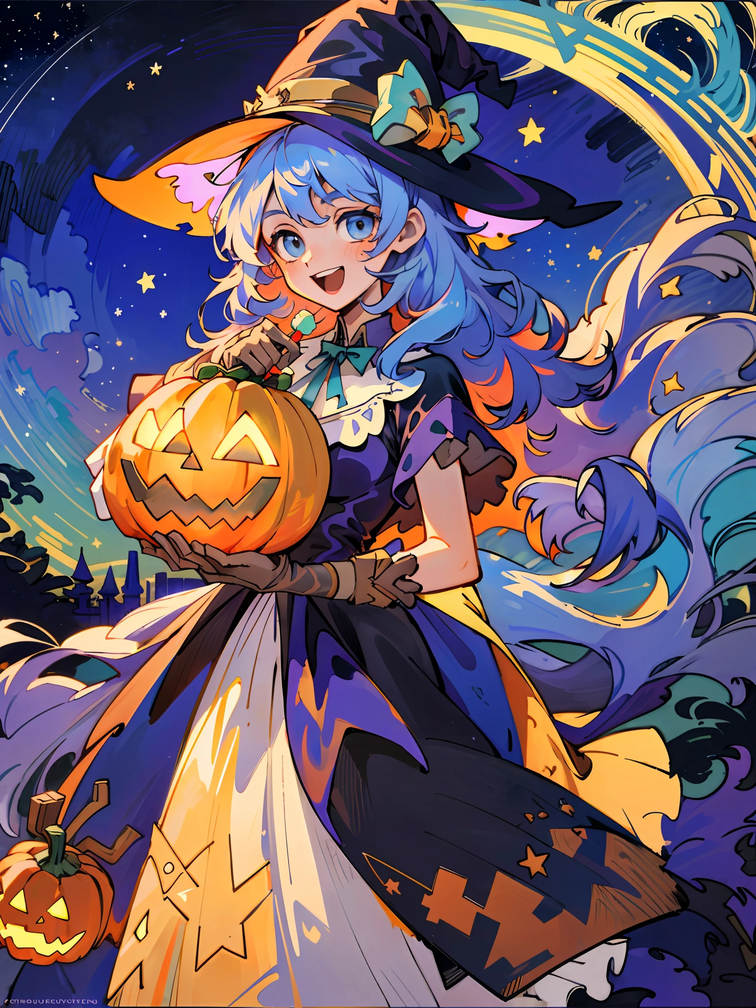 ((masterpiece:1.2, best quality)), 1girl, solo, (witch hat), a close up of a girl with curly hair, dress, aurora, night, star (sky), gloves, sky, dress, night sky, open mouth, starry sky, light blue eyes, ribbons, smile, cape, colorful hair, magic, casting spell, night, (impressionism:1.4), alphonse mucha, Halloween colors, colorful candy, magical lights, pumpkins, candies