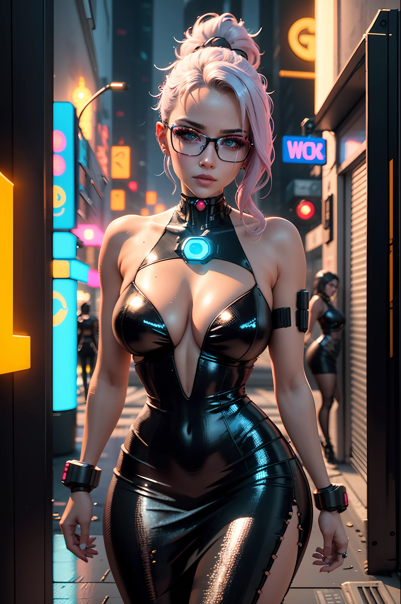 a close up of a woman wearing glasses and a shiny dress, bright cyberpunk glow, dreamy cyberpunk girl, glowwave girl portrait, cyberpunk 2 0 y. o model girl, beautiful cyberpunk woman model, 3 d neon art of a womens body, cyberpunk beautiful girl, oppai cyberpunk, cyberpunk art ultrarealistic 8k, cyberpunk girl, cyberpunk vibes, cybernetic glowing