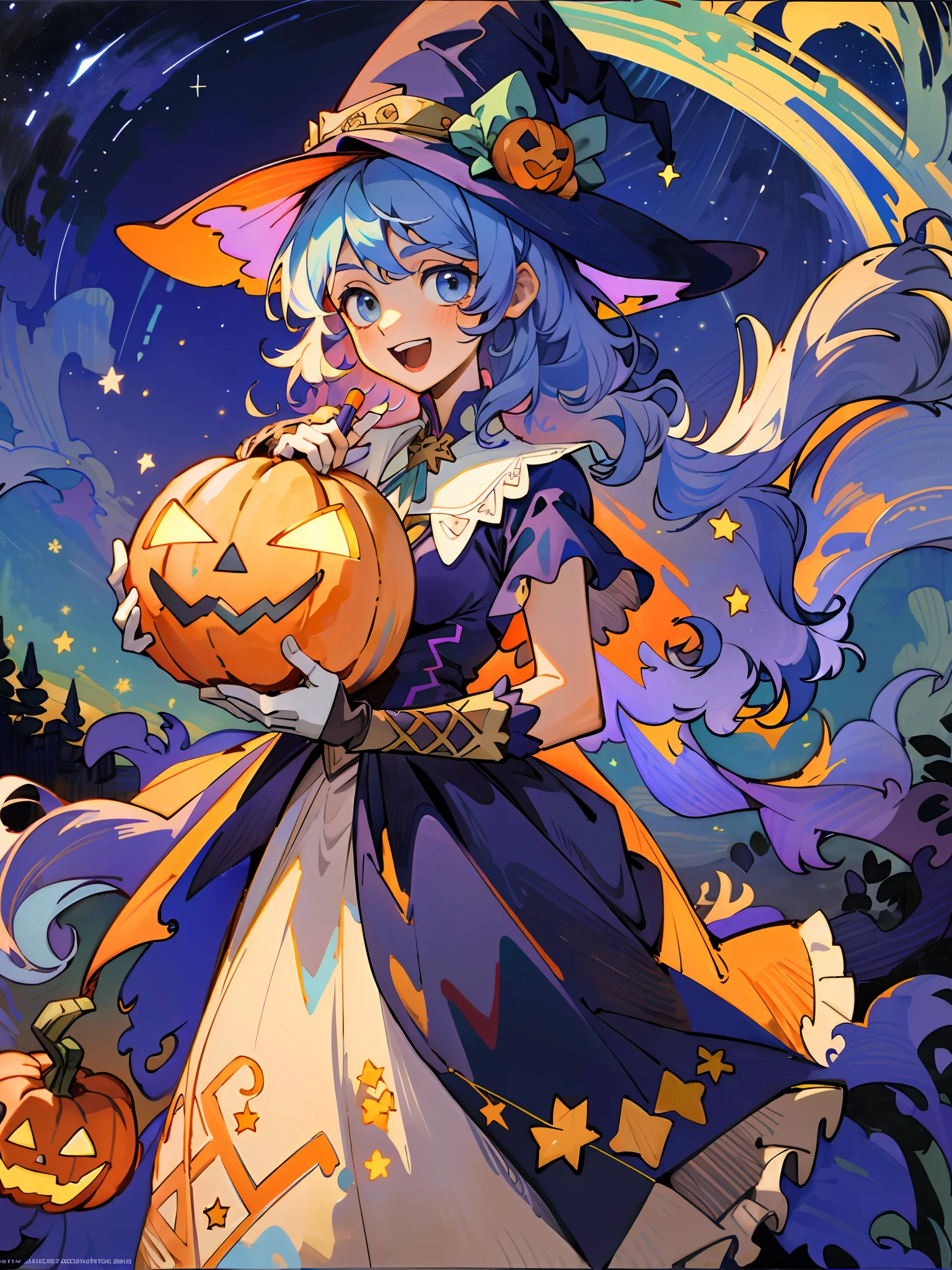 ((masterpiece:1.2, best quality)), 1girl, solo, (witch hat), a close up of a girl with curly hair, dress, aurora, night, star (sky), gloves, sky, dress, night sky, open mouth, starry sky, light blue eyes, ribbons, smile, cape, colorful hair, magic, casting spell, night, (impressionism:1.4), alphonse mucha, Halloween colors, colorful candy, magical lights, pumpkins, candies