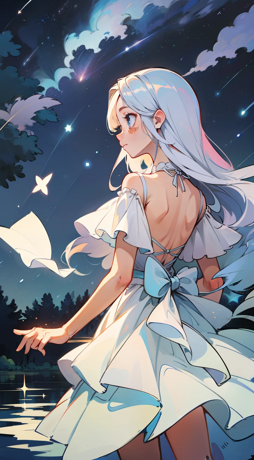 Under the stars, shooting stars, girl standing, back, small river reflecting the starry sky, girl long hair, white dress, hair flying, delicate, night